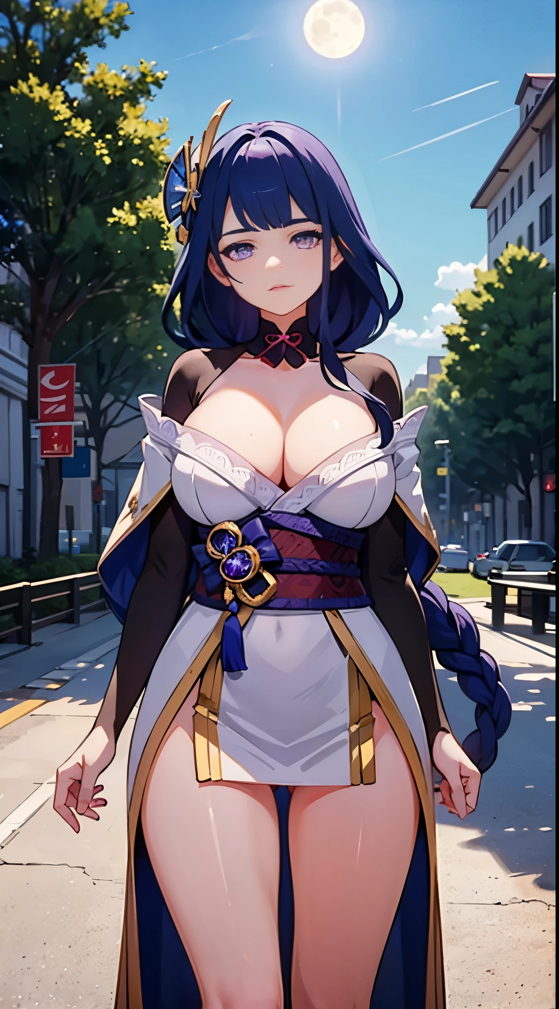 (ultra realistic photo, 8k uhd, full of details in clothes and face, masterpiece, girl goddess of beauty). Shogun Raider from Genshin Impact is a sexy woman with long, flowing purple hair, who wears a highly detailed sexy lingerie, she wears a jewel on the side of her head adorned with gold details and a gem in the center. - She wears a purple and pink outfit with gold details, with ornate designs in gold. The upper part of the armor is tight to the body, highlighting its curves. (she has long breasts, huge and perfect breasts emerging from her sexy, erotic cleavage, sharp pointed BREASTS), ((transparent micro panties showing pussy, perfect pussy)), defined body, body with curves, big perky ass, pussy showing, His arms are covered in armored gloves that have similar designs in gold and are attached to his upper arm by straps. - A piece of cloth flows from his waist, complementing the armor look. - Her face is very beautiful, she has light pink eyes and a serious expression. - In the background, there is a dramatic sky full of dark clouds and lightning lighting the scene. A full moon is also visible between the clouds.