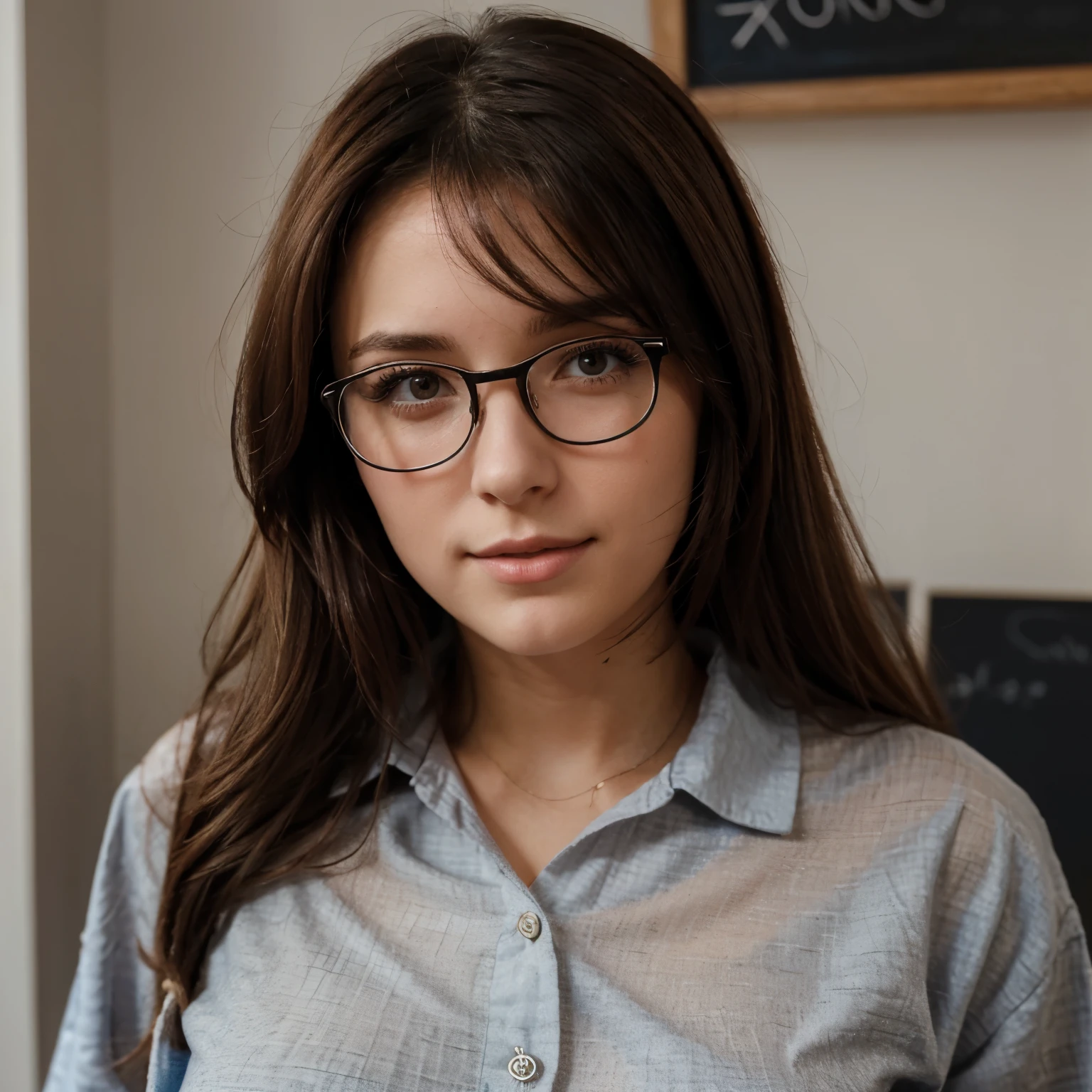 Une femme de 25 ans , brune. dressed as , chemisier ouvert, lunette, bas, crayon dans la bouche