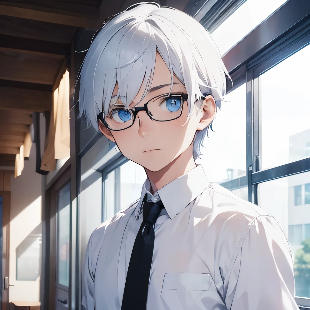 man with blue eyes, white hair, wearing a white shirt with a black tie and wearing glasses wearing a white suit has a sweet face like a