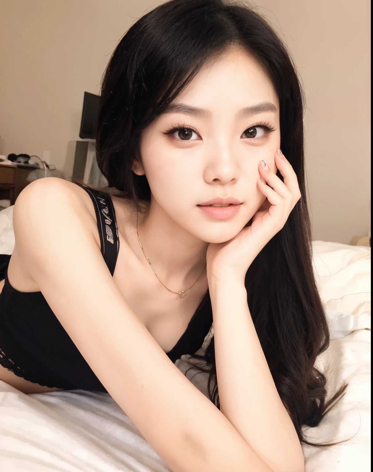 a beautiful 18 year old slim sexy female, black short sleeve nightdress, laying on a bed, visible legs, touching herself