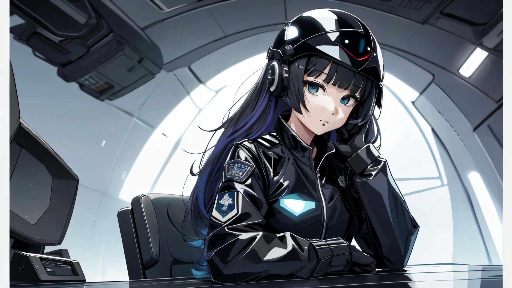 portrait, 1 girl, pa-san, black latex suit ,side sitting, beautiful face, belt, futuristic helmet, detached sleeves, black hair, black eyes, hip vent, open jacket, cute, look at viewer, rainy, stomach tatoo, Science Fiction,Sci-Fi,Sci-Fi Movies,Movie Posters,Foundation Movie References,Stories about Rebellion,Anti-Government Groups,Politics.