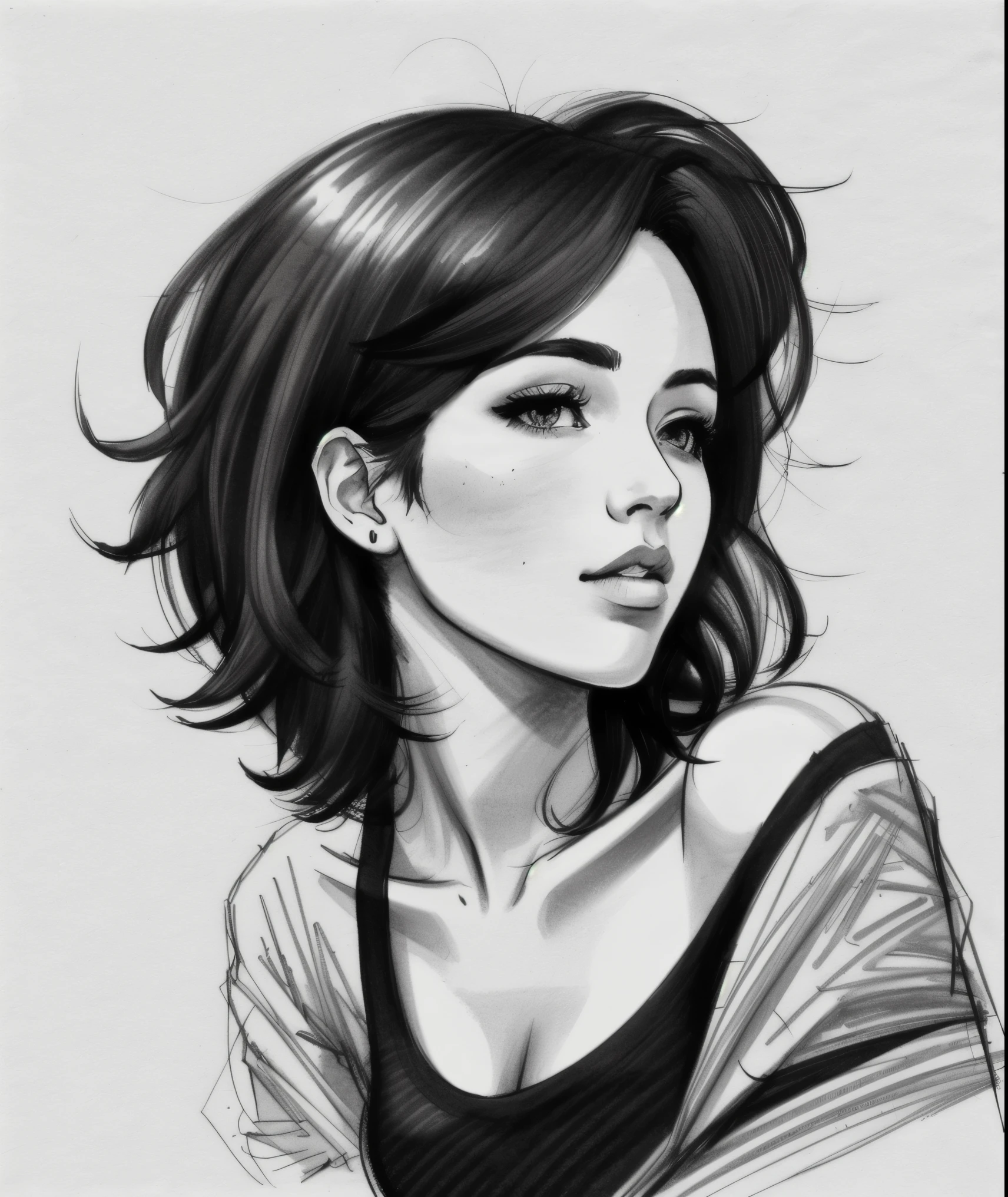 prompt: grayscale, monochrome, a sexy and beautiful woman in casual clothes, sketch artstyle, ((solo)), cut and straight black hair.