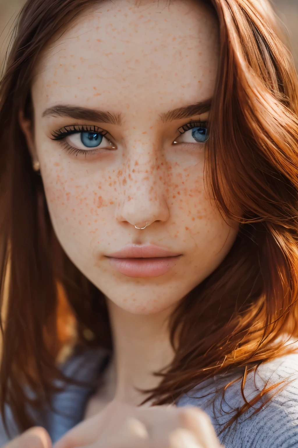 Portrait of a beautiful woman, looking_at_viewer, red hair, detailed_hair_style, wavy hair, pale skin, freckles, blue_eyes, Perfect illumination, warm light, Masterpiece, Incredibly detailed photo, Ultra High Definition, (extremely realistic, professional photo, perfect body, perfect human anatomy, high quality fingers, detailed fingers, photo realistic)