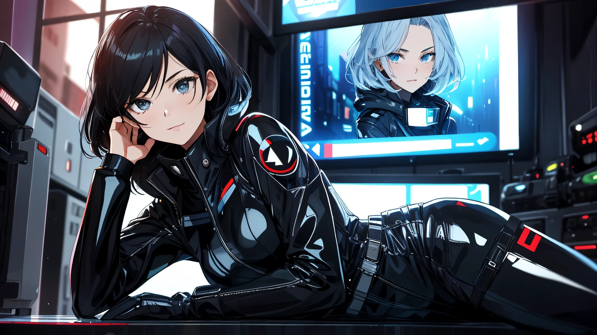portrait, 1 girl, black latex suit ,side sitting, beautiful face, belt, futuristic helmet, detached sleeves, black hair, black eyes, hip vent, open jacket, cute, look at viewer, rainy, stomach tatoo, Science Fiction,Sci-Fi,Sci-Fi Movies,Movie Posters,Foundation Movie References,Stories about Rebellion,Anti-Government Groups,Politics.
