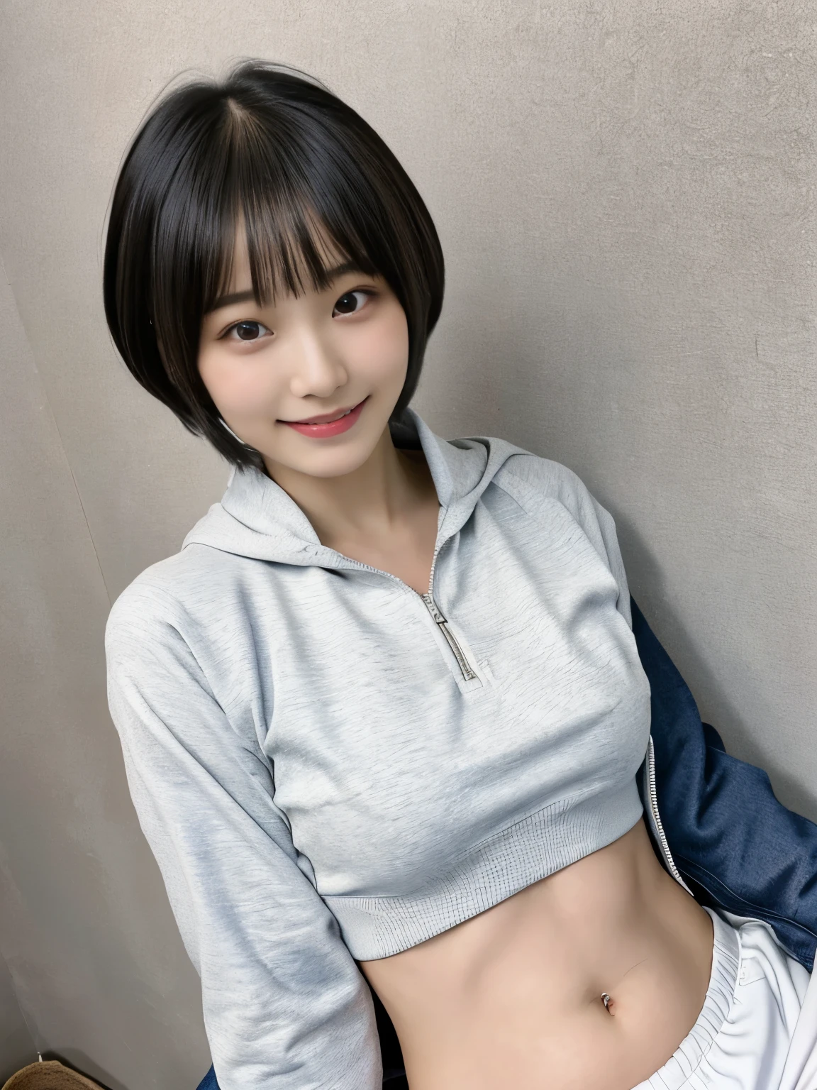top-quality,masterpiece,Raw photography,8K,Top image quality,hight resolution, 18 years old Japanese female idol ,Beautuful Women,cute Japanese girls, Pretty Woman ,Beautiful face in every detail, aegyo sal ,small head, seductive smile ,Realistic human skin, pale skin ,cut model , Short hair ,bowl cut ,skinny body , track suit, ((she lift up her clothes and show her stomach )),Pull up, clothes lift ,rib ,constriction, face focus ,navel focus,arched back, 