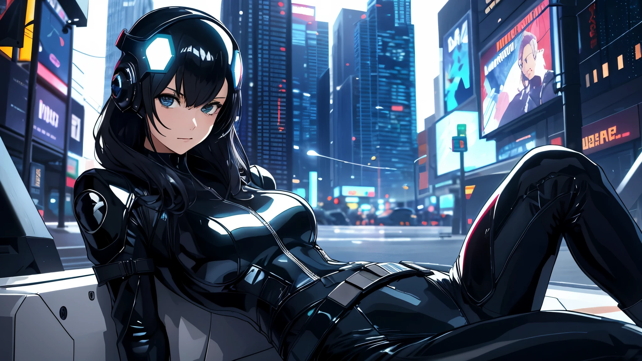 portrait, 1 girl, black latex suit ,side sitting, beautiful face, belt, futuristic helmet, detached sleeves, black hair, black eyes, hip vent, open jacket, cute, look at viewer, rainy, stomach tatoo, Science Fiction,Sci-Fi,Sci-Fi Movies,Movie Posters,Foundation Movie References,Stories about Rebellion,Anti-Government Groups,Politics.