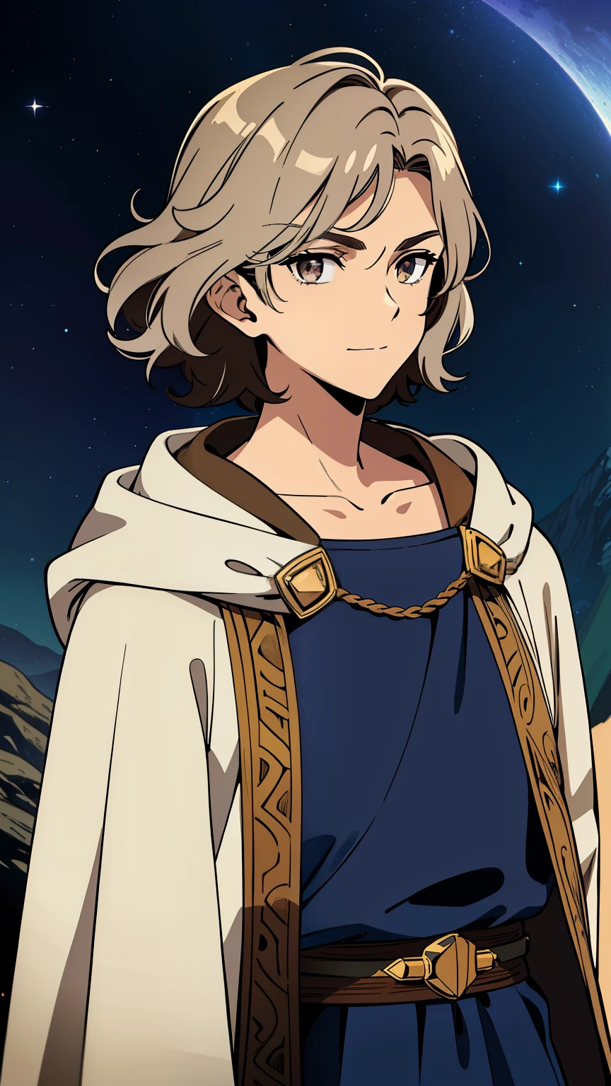 (high-quality, breathtaking),(expressive eyes, perfect face) 1boy, male, teenager, solo, short length hair, earthy brown hair color, multicolored hair, silver highlights in hair, glowing hair, unkept hair, silver eyes, positive expression, soft smile, cloak, shirt, Moon, space background, upper body, magic, elegant, fluffy wavy hair, age 15, Greek Clothing, portrait, adventurers attire, fantasy mage clothing, beautiful hair, lightly tanned skin