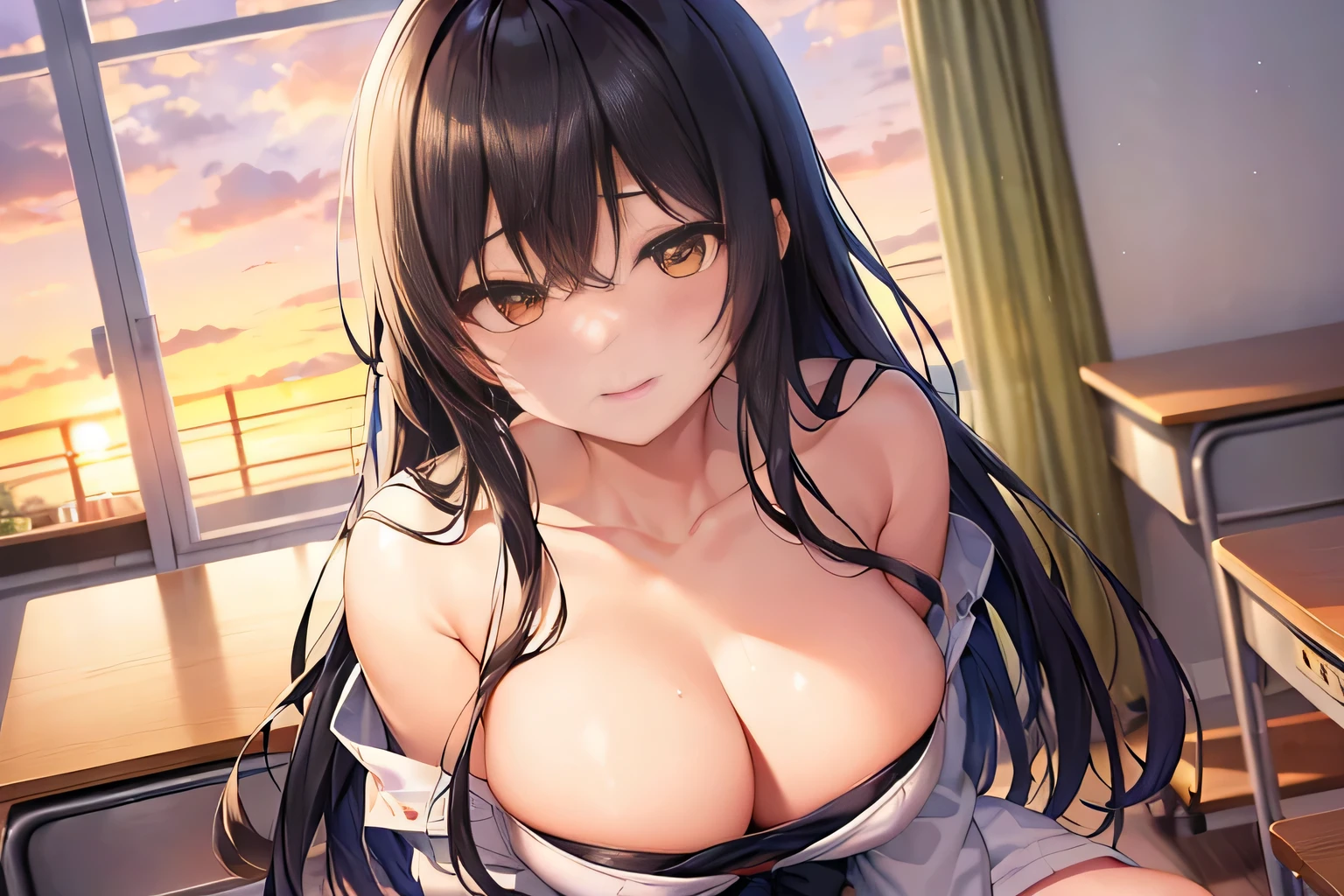 ((8k images:1.27、highest quality、masterpiece、ultra high resolution:1.2))、 beautiful woman japan,、(beautiful:1.3)、1 girl、(beautiful高校教師)、white blouse、navy blue skirt、Burst Chest:1.5、cleavage、black hair、black eye、beaver、27歳のbeautiful女性、Constricted body、beautiful feet、open your legs、sexy pose、squat、(high school classroom、evening、beautiful夕日)、Sexually inviting smile、To adult love、professional lighting、fantastical scenes:1.10,