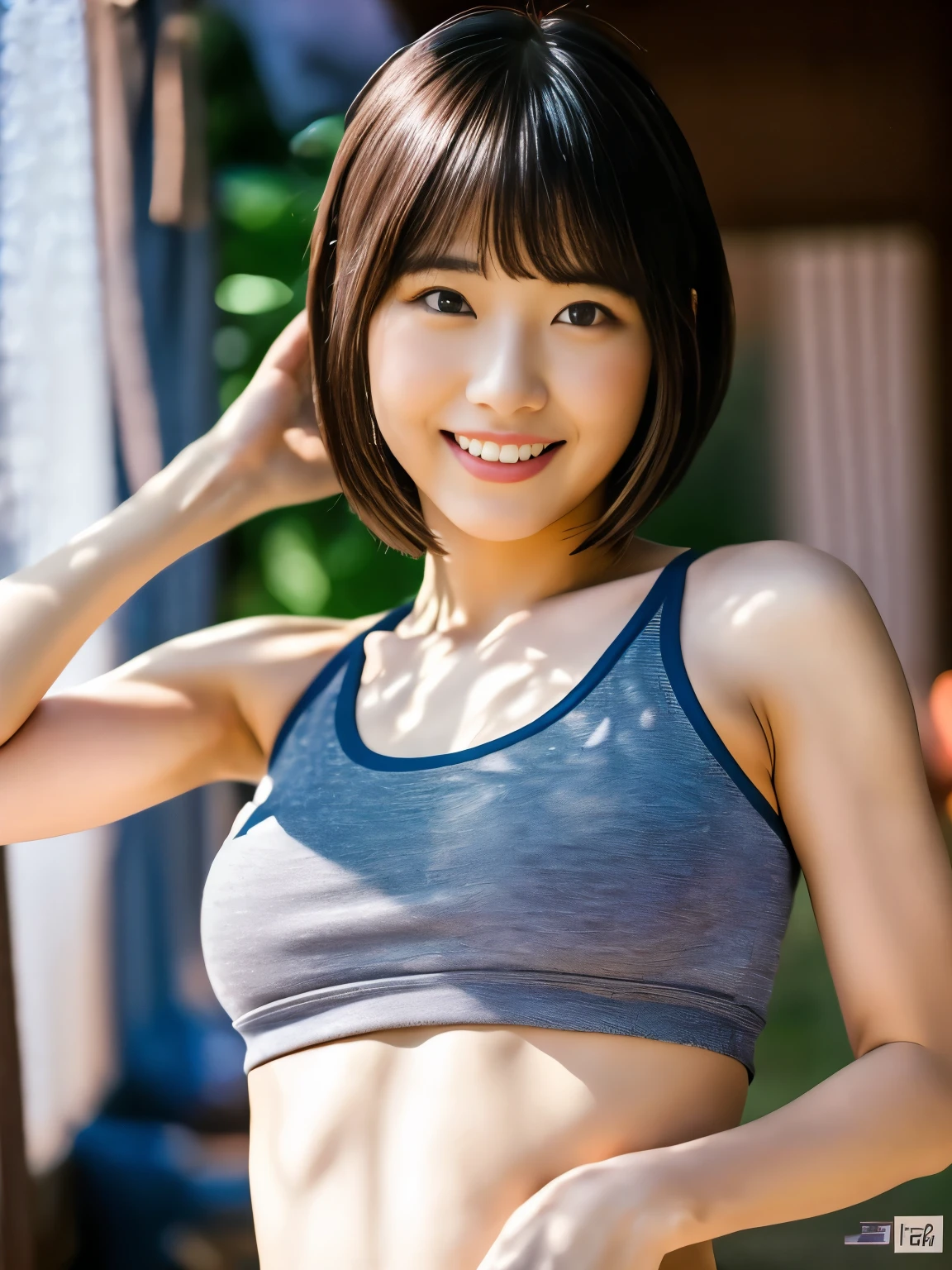 top-quality,masterpiece,Raw photography,8K,Top image quality,hight resolution, a woman lift up her clothes and show her stomach ,18 years old Japanese female idol , Beautiful face in every detail, seductive smile ,Short hair ,bowl cut ,skinny body , big size, t-shirts,rib ,constriction, Realistic human skin, face focus ,navel focus,arched back,