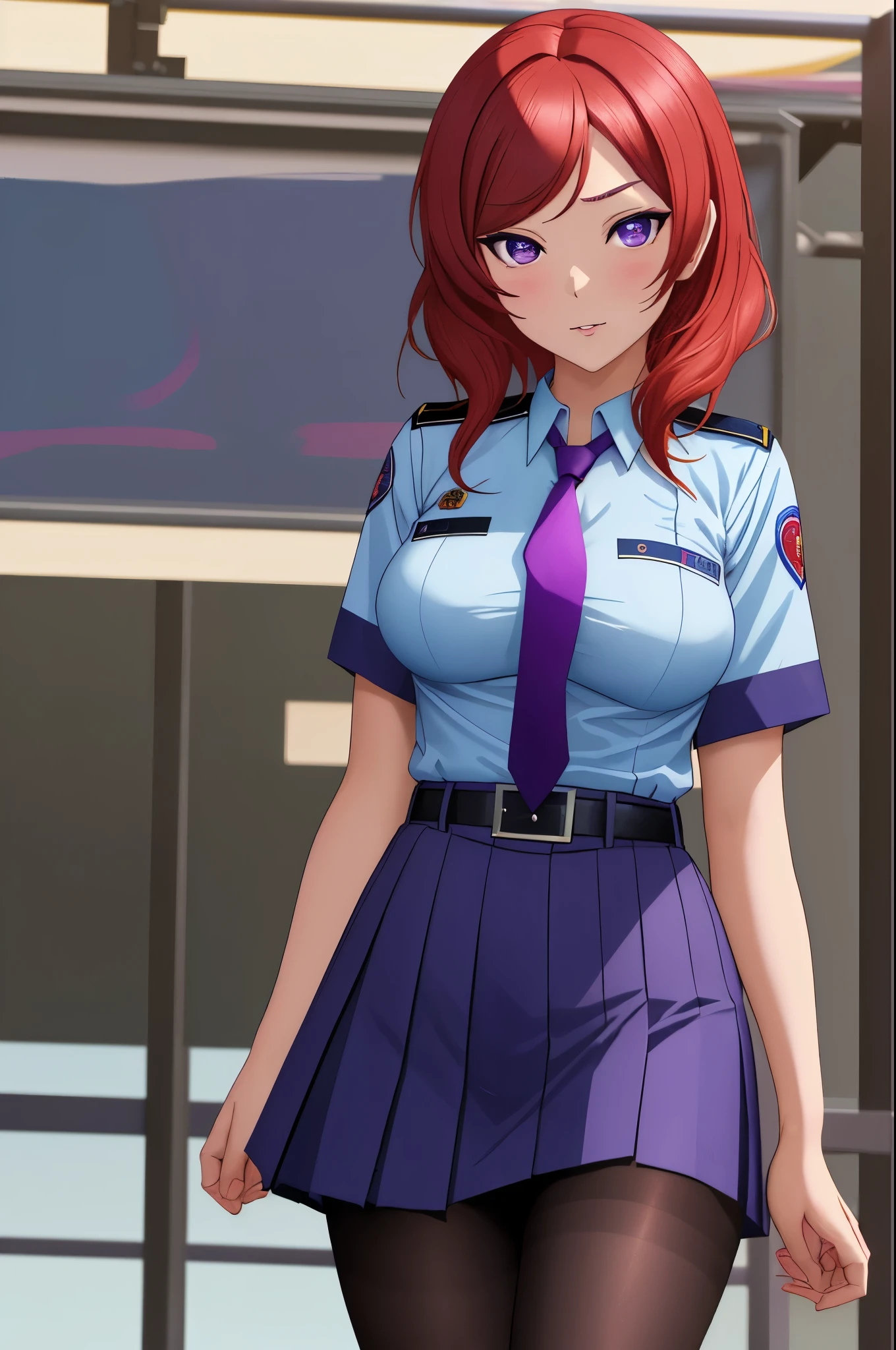 masterpiece, best quality,8k wallpaper,nishikino maki, purple eyes,breasts, large_breasts, shirt, standing, short_sleeves, pantyhose, necktie, belt, uniform, blue_skirt, v-shaped_eyebrows, black_pantyhose, crossed_arms, pencil_skirt, blue_necktie, police_uniform