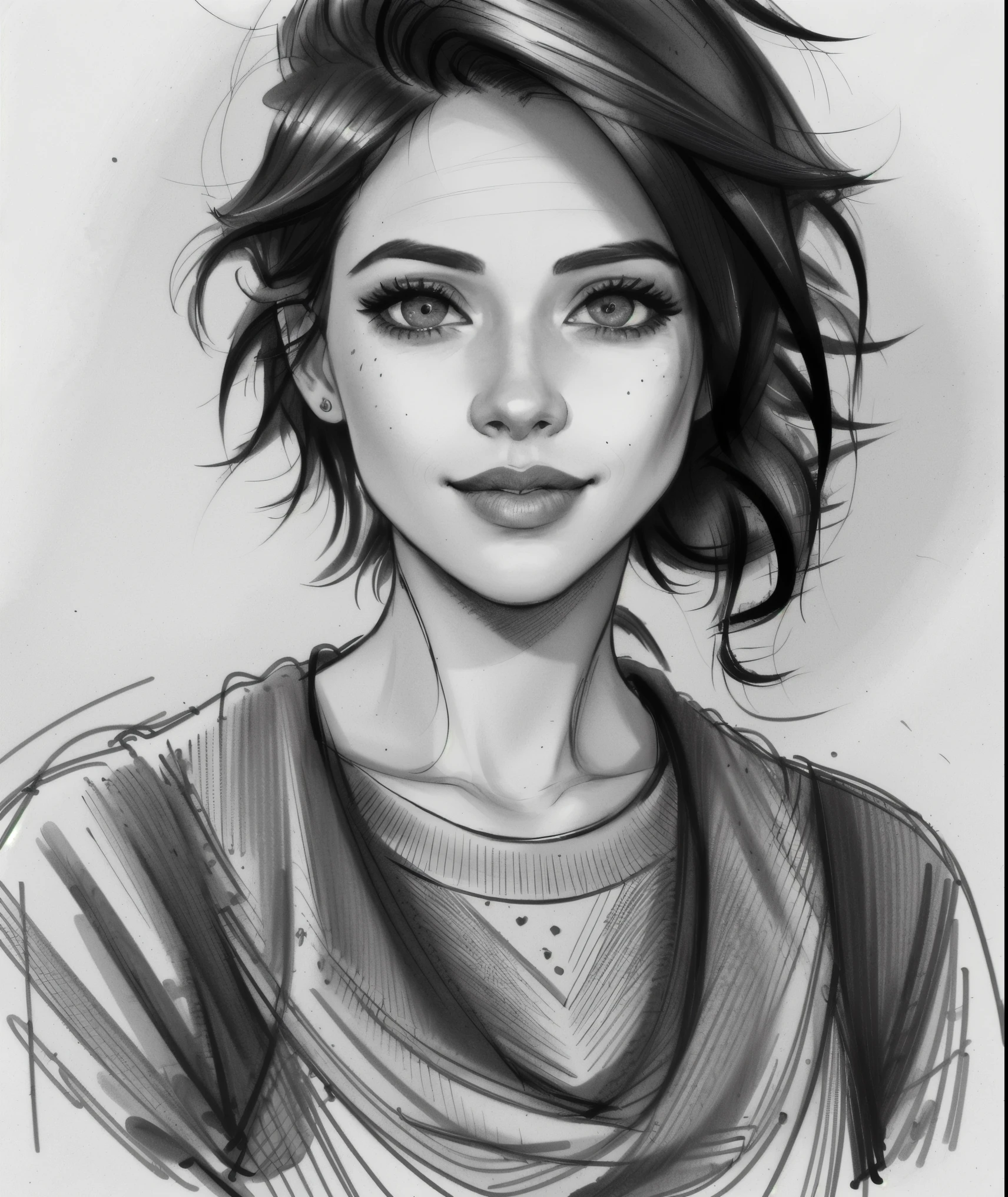 (best quality, highres, realistic:1.37)grayscale, monochrome, beautiful detailed and sultry eyes, large lips, smiling, beautiful detailed lips, extremely detailed eyes and face, longeyelashes, a sexy and beautiful Irish woman, casual clothes, sketch artstyle, (solo), cut and straight black hair.