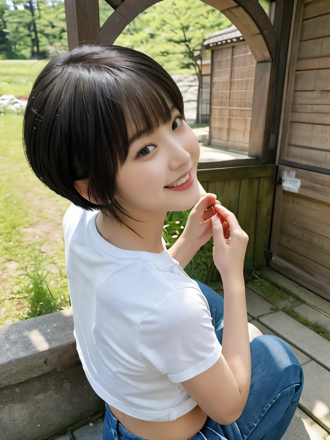 top-quality,masterpiece,Raw photography,8K,Top image quality,hight resolution, 18 years old Japanese female idol ,Beautuful Women,cute Japanese girls, Pretty Woman ,Beautiful face in every detail, aegyo sal ,small head, seductive smile ,Realistic human skin, pale skin ,cut model , Short hair ,bowl cut ,skinny body , t-shirts,low rise pants, constriction, face focus , ass focus,,arched back, from above ,from behind,looking back,selfie