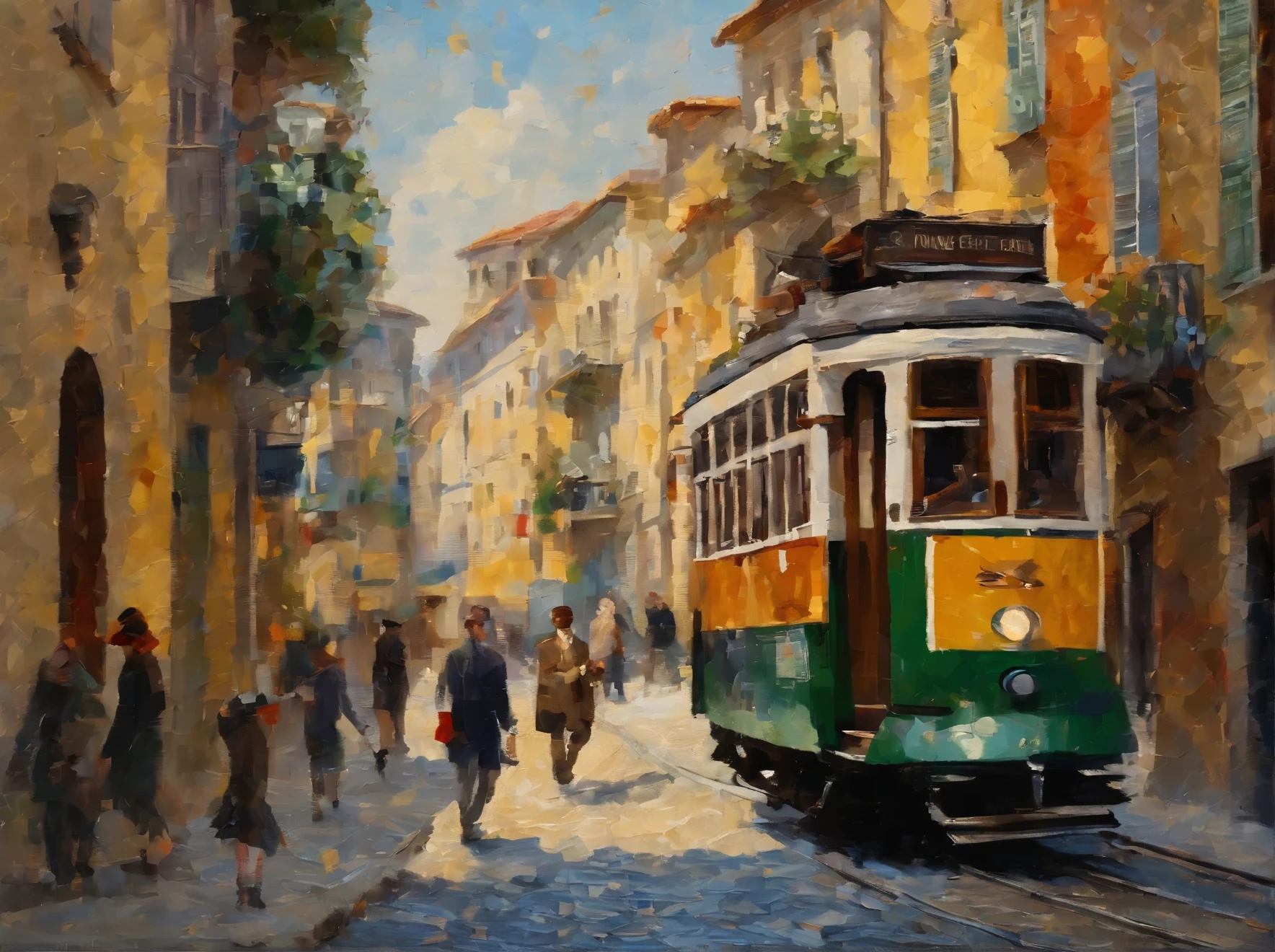 a painting of typical street in lisbon, with iconic tram, a couple of people walking in the street. sunny day. in the style of an oil painting, 1600s, exquisite detail, baroque painting, voluminous lighting, painterly brushstrokes, edgar degas, john singer sargent, john william waterhouse, masterpiece
