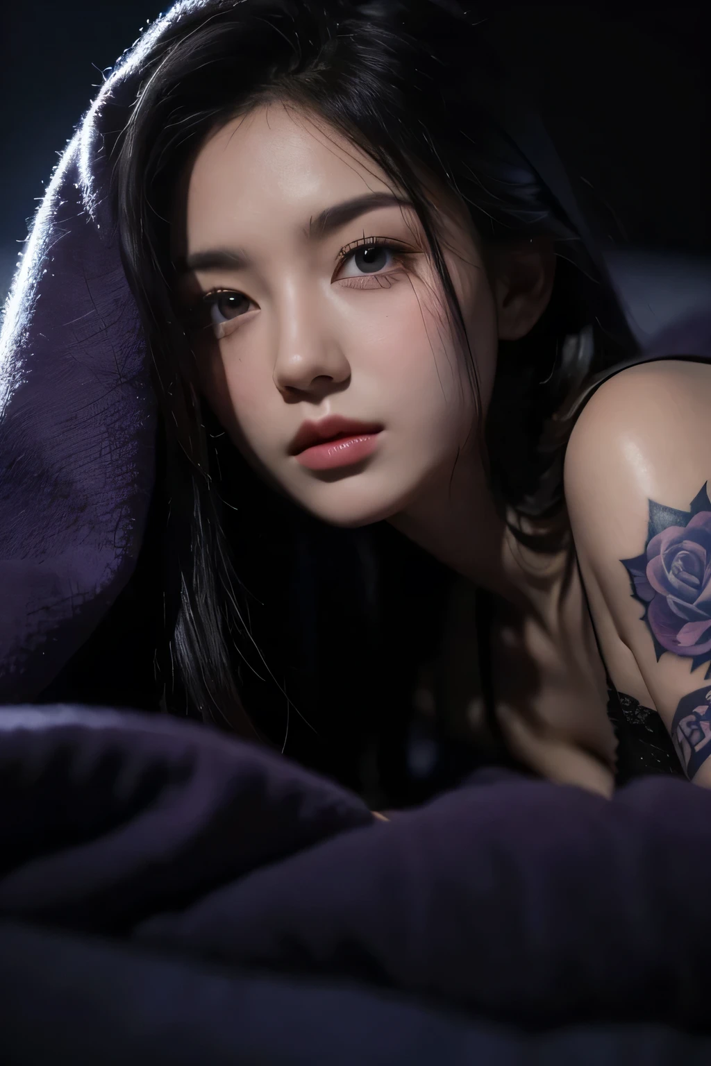(Meisterwerk, best quality, 8k, scharfer Fokus, depth of field, Beste Schatten, perfekte Lichter, HDR, realistische Hautstruktur, ultra-detailliert background, detailliert), perfect face, model, black hair, girl laying on bed under blanket, tattoos, piercings, purple and blue lighting, album cover, sad, dark mood, covered with blanket, dark lighting, maximum detail