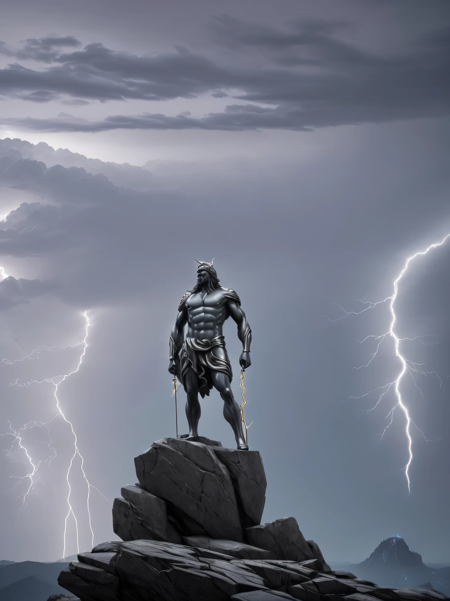 a statue of zeus, dynamic pose, standing on a rock (with lightning in the background:1.4), Clint Cearley, arnold render, a marble sculpture, (cinematic:1.4), slate gray atmosphere, hyperdetailed, soothing tones, insane details, low contrast,