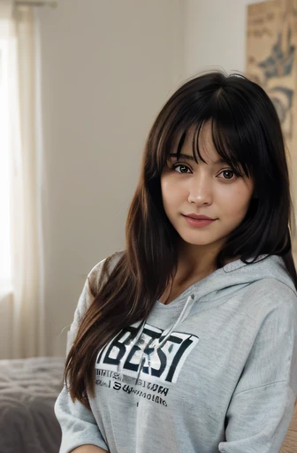 (Best Quality, 8K, Masterpiece) 1girl, beautiful woman: 1.3; (Black hair, with long hair with fringe), casual wear: 1.2, in her room, ultra-detailed face, delicate eyes, little smile, she wearing casual hoodie