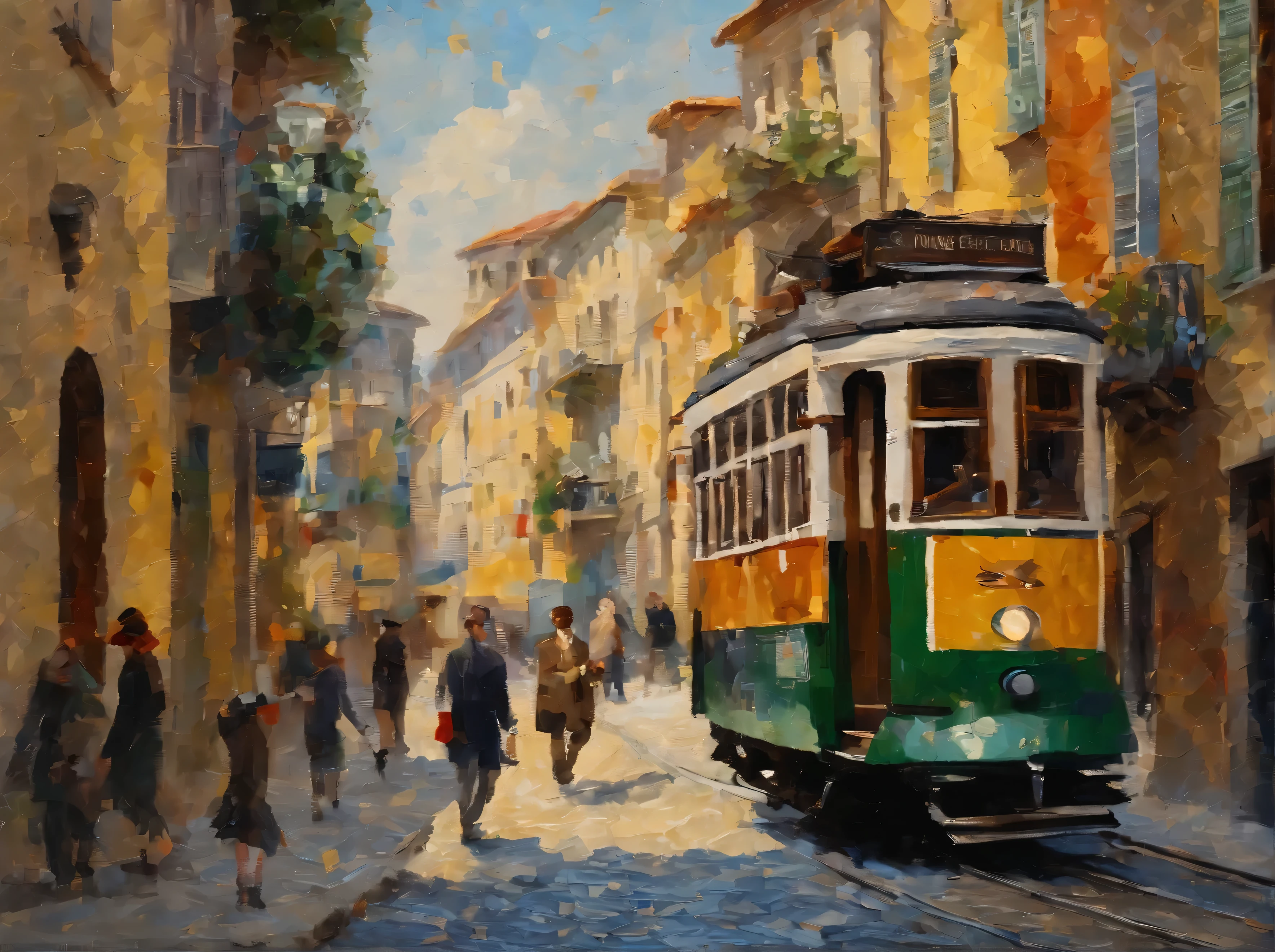 a painting of typical street in lisbon, with iconic tram, a couple of people walking in the street. sunny day. in the style of an oil painting, 1600s, exquisite detail, baroque painting, voluminous lighting, painterly brushstrokes, edgar degas, john singer sargent, john william waterhouse, masterpiece