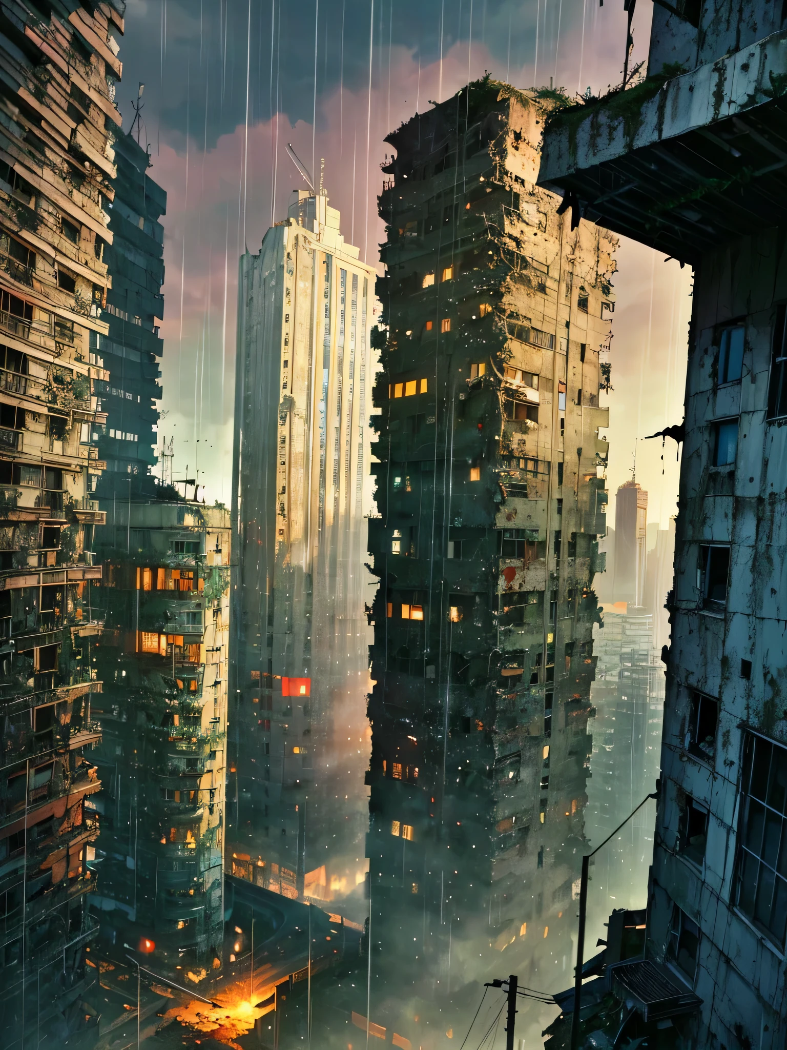 View from window. old abandoned mega city. mystery, technoir. Post apocalyptic environment. ruined tall buildings. Brutalism architecture. rain, fog, night. wet road. Post soviet architecture.