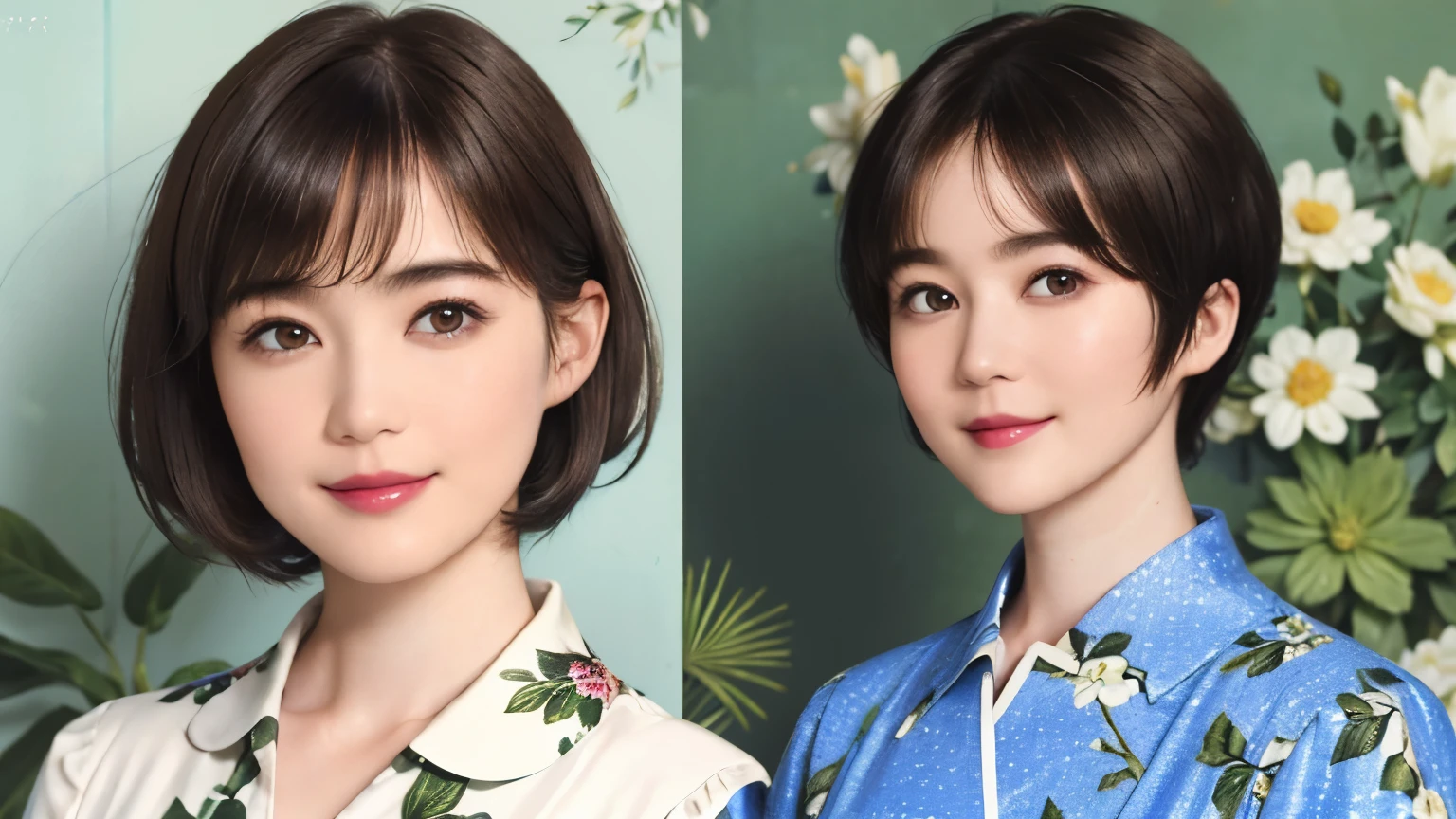 151
(20 year old woman,Floral clothing), (Super realistic), (high resolution), ((beautiful hairstyle 46)), ((short hair:1.46)), (gentle smile), (brest:1.1), (lipstick)