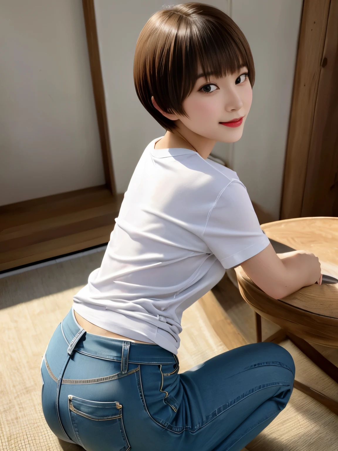 top-quality,masterpiece,Raw photography,8K,Top image quality,hight resolution, 18 years old Japanese female idol ,Beautuful Women,cute Japanese girls, Pretty Woman ,Beautiful face in every detail, ,small head, seductive smile ,Realistic human skin, pale skin ,cut model , Short hair ,bowl cut ,skinny body , t-shirts,low rise pants, constriction, face focus , ass focus, leaning forward ,arched back, from above ,from behind,looking back,selfie
