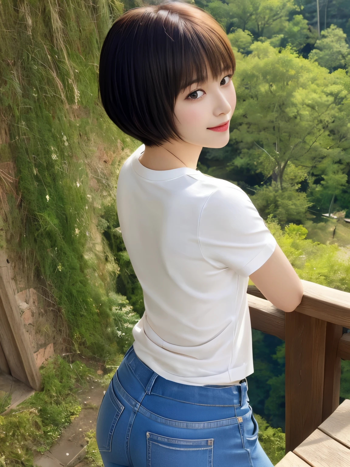 top-quality,masterpiece,Raw photography,8K,Top image quality,hight resolution, 18 years old Japanese female idol ,Beautuful Women,cute Japanese girls, Pretty Woman ,Beautiful face in every detail, ,small head, seductive smile ,Realistic human skin, pale skin ,cut model , Short hair ,bowl cut ,skinny body , t-shirts,low rise pants, constriction, face focus , ass focus, leaning forward ,arched back, from above ,from behind,looking back,selfie