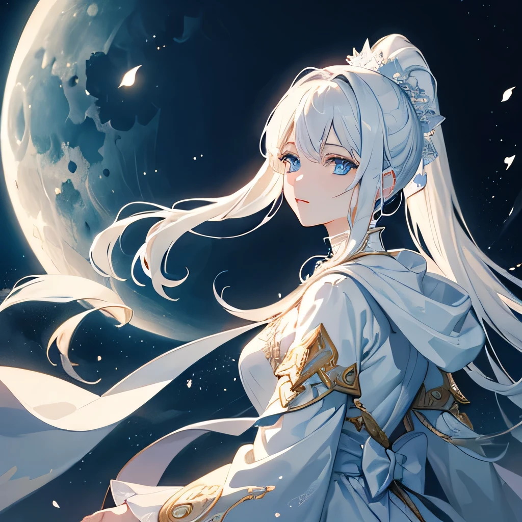 Masterpiece, (Best Quality: 1.2), (Super Fine: 1.2), Illustration, (Extremely Delicate and Beautiful: 1.2), Film Angle, Floating, (Beautiful Detail Eye: 1.1), (Detail Light: 1.1), Film Lights, Delicate Sky, Woman, White Hair, Blue Eyes, (High Ponytail: 1.1), Cloak, Glowing Eyes, (Moon: 1.2), (Moonlight: 1.1), Starry Sky, (Light Particles: 1.1), Fog , snow painting, sketching, blooming
