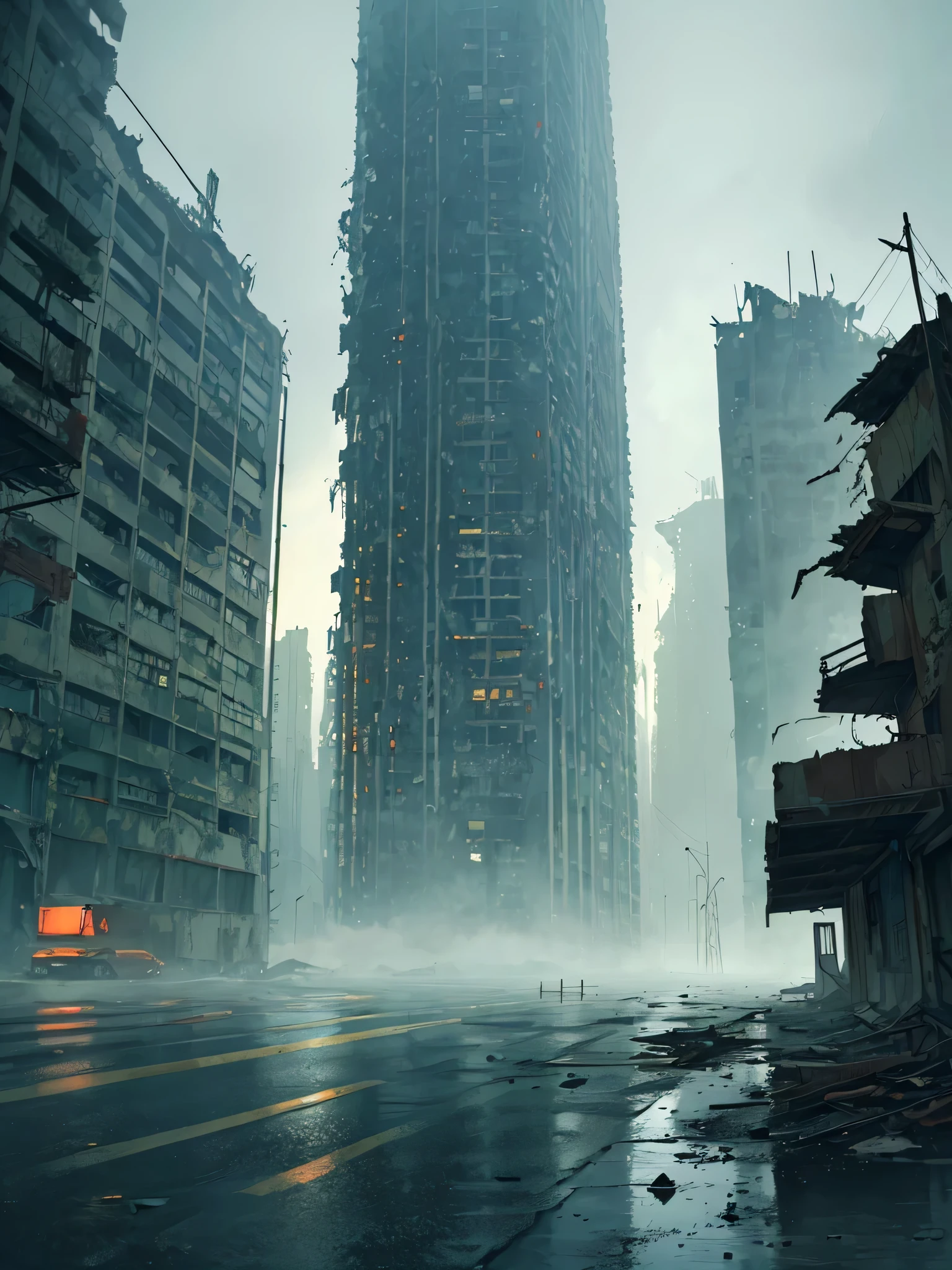 View from window. old abandoned mega city. mystery, technoir. Post apocalyptic environment. ruined tall buildings. Brutalism architecture. rain, fog, night. wet road. Post soviet architecture.