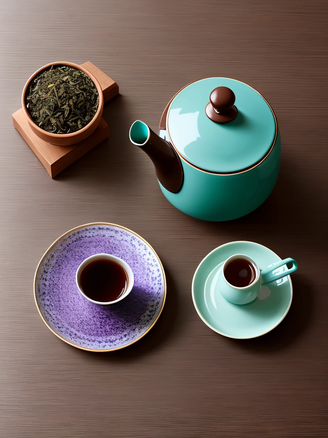 Teals,dry tea leaves,purple clay pot,Tea cup,tea,chocolate、chocolate割れた、machine,Light of the sun、Photographed from directly above、Portrait、