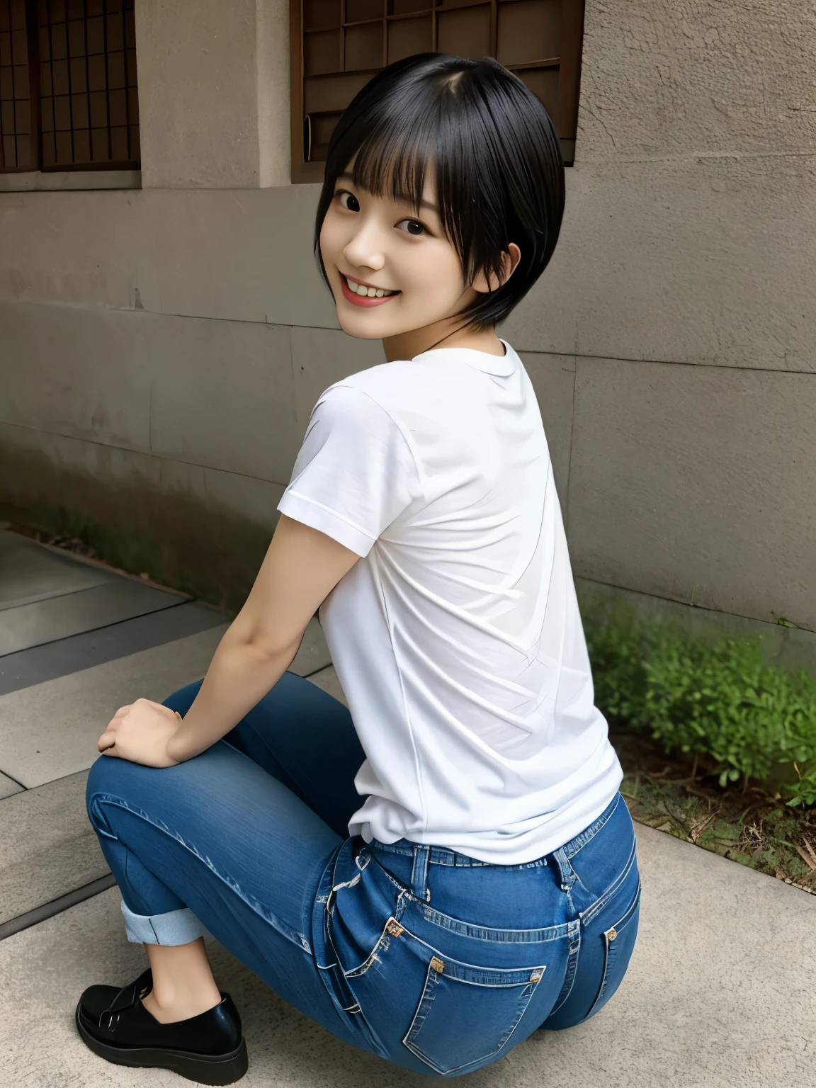top-quality,masterpiece,Raw photography,8K,Top image quality,hight resolution, 18 years old Japanese female idol ,Beautuful Women,cute Japanese girls, Pretty Woman ,Beautiful face in every detail, ,small head, seductive smile ,Realistic human skin, pale skin ,cut model , Short hair ,bowl cut ,skinny body , t-shirts,low rise pants, constriction, face focus , ass focus, leaning forward ,arched back, from above ,from behind,looking back,selfie