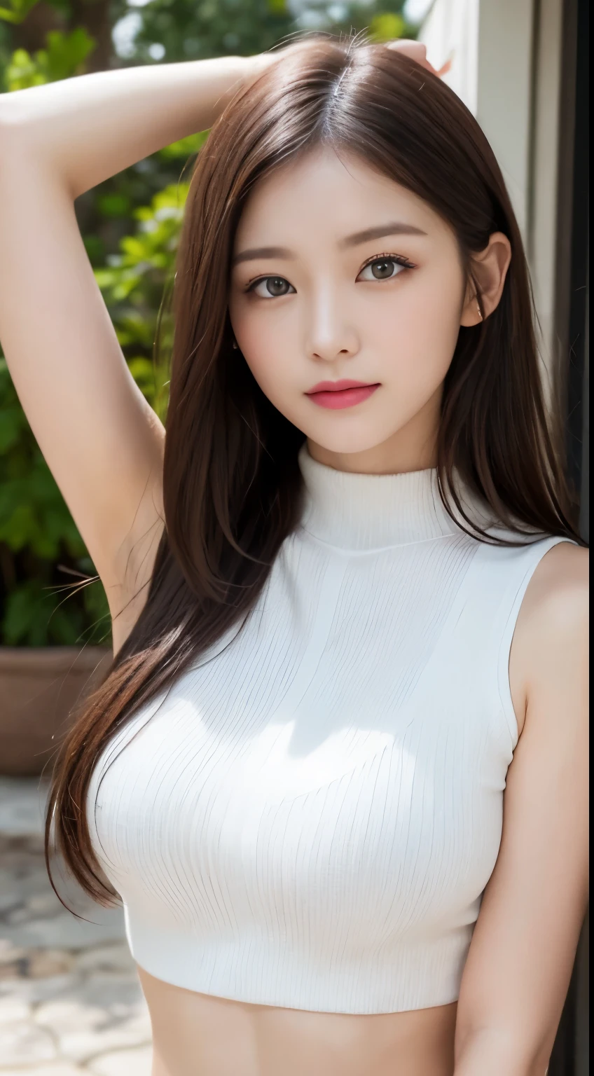 table top, highest quality, Photoreal, finely, High resolution, 8k wallpaper, perfect dynamic composition, beautiful and fine eyes, long hair, big and full breasts, random sexy poses,chest to chest、(Mock Neck Crop Tank Top White Knit、The cleavage looks real)、(Breast bulge 1.2)、laughter、open your mouth、resort scenery、23 years old、(droopy eyes 1.4)、Adult beauty、Japanese