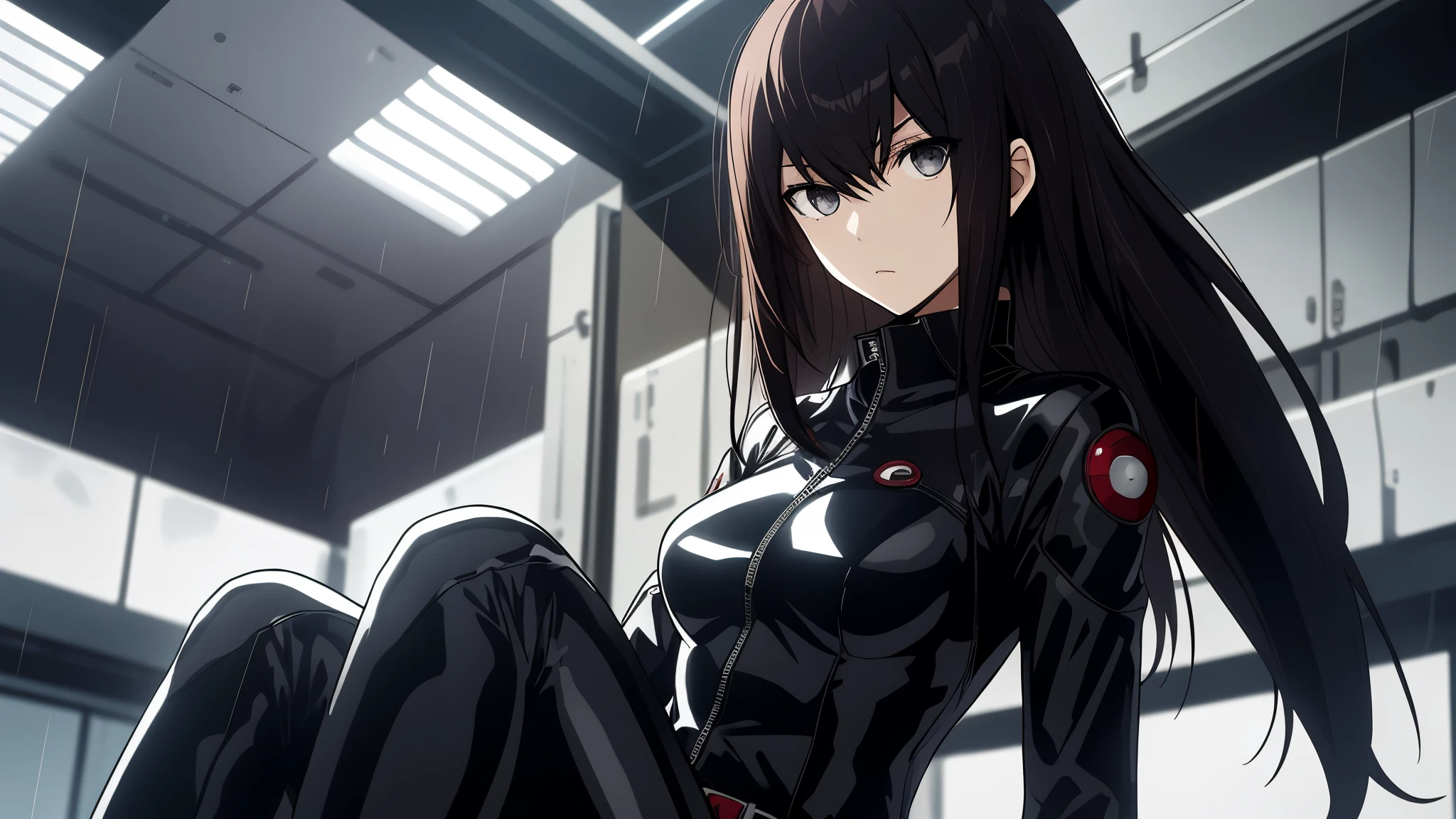 portrait, 1 girl, makise_kurisu, black latex suit ,side sitting, beautiful face, belt, futuristic helmet, detached sleeves, black hair, black eyes, hip vent, open jacket, cute, look at viewer, rainy, stomach tatoo, Science Fiction, On earth,barren planets, ruins