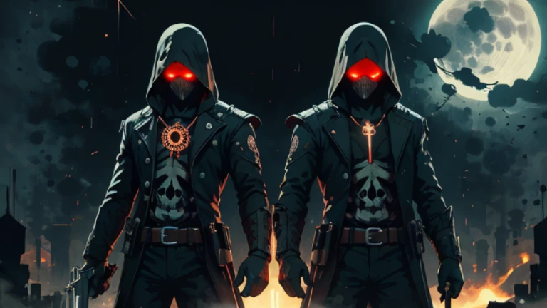 In a moonlit crimson cemetery, under the eerie glow of SY3-style lighting, stands a pair of ominous reapers clad in attire reminiscent of plague doctors. Their hands, meticulously crafted, are adorned with intricate bone-like patterns, each wielding a distinct firearm. The figure on the left grips a meticulously detailed Winchester 22, while the one on the right holds a loaded holster, alongside a meticulously rendered Colt 1836. Their presence exudes an aura of foreboding, embodying the convergence of death and technology in a hauntingly beautiful tableau.