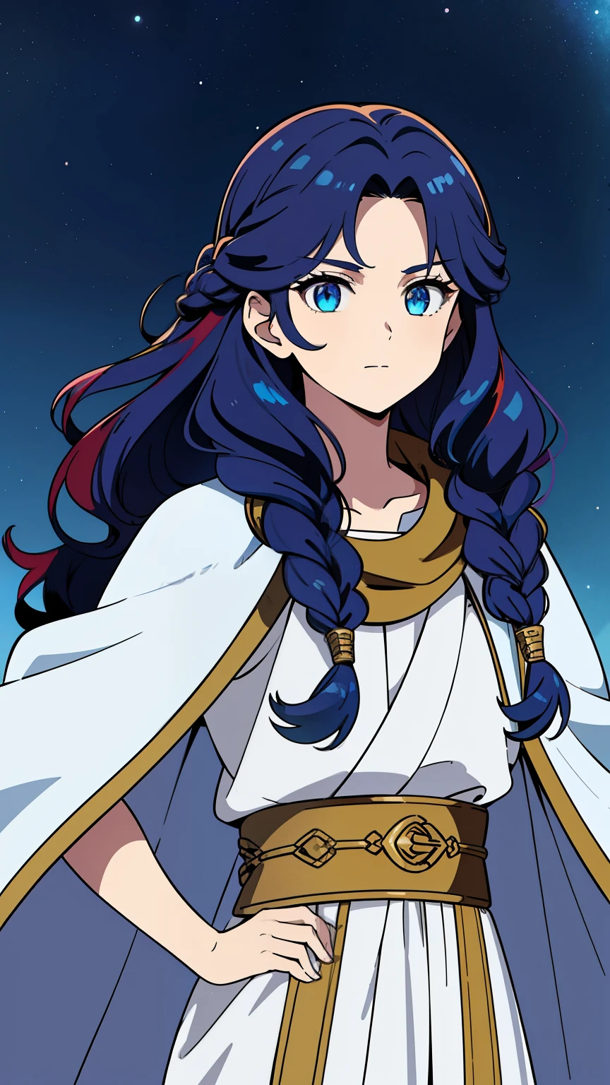 (high-quality, breathtaking),(expressive eyes, perfect face) 1girl, female, teenager, solo, long length hair, red and blue hair color, multicolored hair, white streaks in hair, blue highlights hair, glowing hair, unkept hair, blue red eyes, positive expression, soft smile, cloak, shirt, Moon, space background, upper body, magic, elegant, fluffy wavy hair, age 18, Greek Clothing, portrait, adventurers attire, fantasy mage clothing, beautiful hair, lightly tanned skin, God of Forge and Beasts, beautiful hairstyle, bang braid
