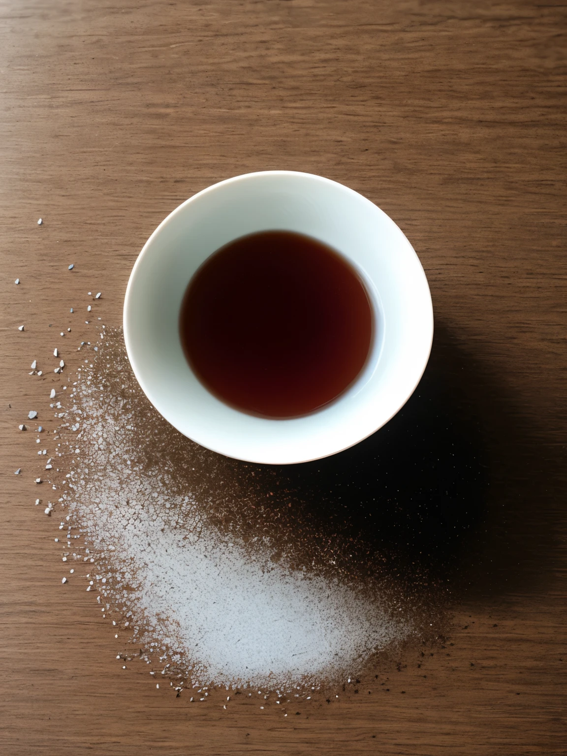 Teals,dry tea leaves,scattered tea leaves、Tea cup,Japan tea、black tea,chocolate、chocolateが散らばってる,gray desk,Light of the sun、Photographed from directly above、Portrait、