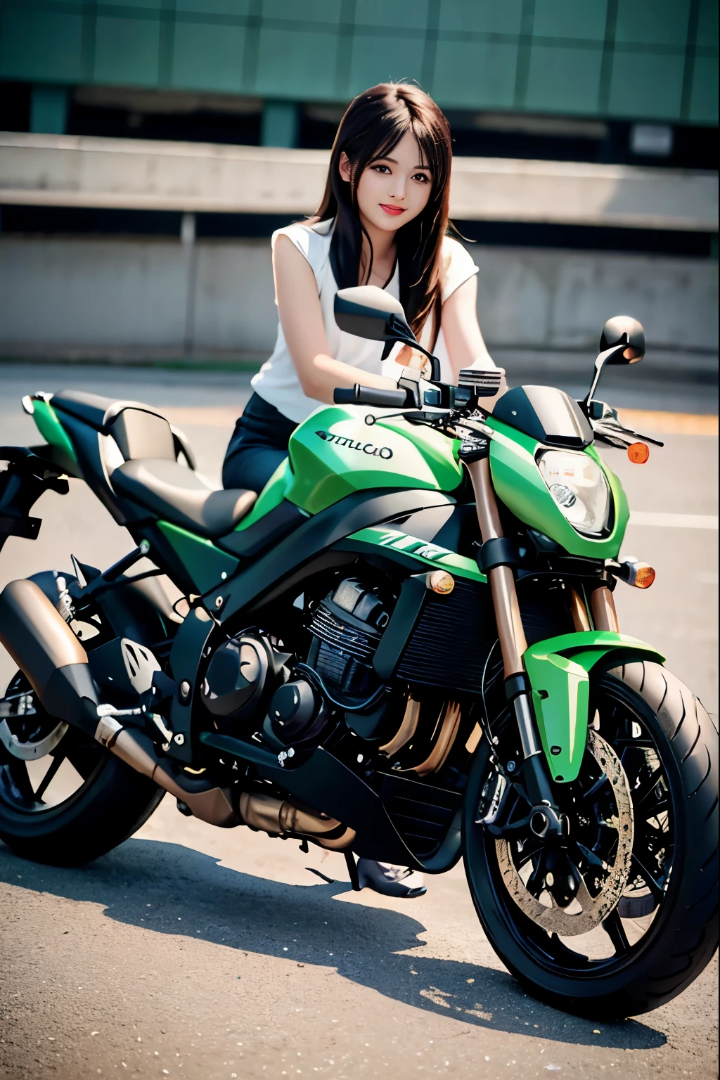 arafed woman in green shirt sitting on a blackkawasaki motorcycle, super mini skirt、white panties、person riding a bike, motorcycle, realistic artstyle, ultra detail. digital painting, sitting on cyberpunk motorbike, digital illustration style, realistic!!!!!!! art style, airbrush render, motorcycles, style digital painting, airbrush digital oil painting, in style of digital painting, close up shot, realistic picture