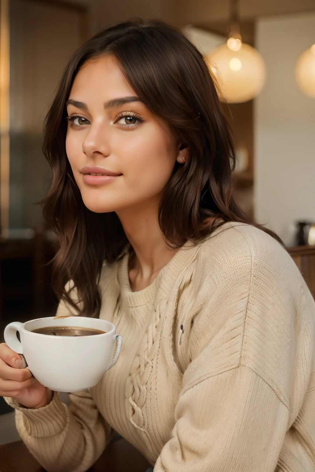 Leah Gotti, a brunette with golden reflections in her hair, wearing a cozy beige sweater, (sips delicately on a hot cup of coffee) in a modern café at sunset, Very detaiented, 25 years old, with an innocent face, natural wavy hair, bright brown eyes, High resolution, Masterpiece, Best quality, Intricate details, highly detailed, sharp focus, Detailed skin with realistic texture, Texture, intricately detailed eyes, Professionally captured, 4K, Charming smile, captured with a Canon, 85mm, shallow depth of field, Kodak Vision color, perfect fit body, Extrem