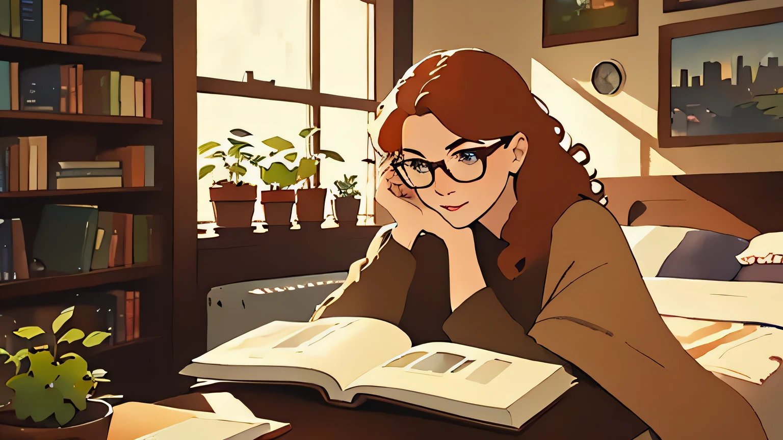 Uma bela mulher SKS, cabelo ruivo cacheado, olhos castanhos, wearing glasses, playing video games lying on a sofa inside a cozy room at night, alguns livros, plantas, paisagem urbana , looking at the screen with a concentrated expression, mas levemente excitada. The point of view is above the eye line. The scene is illuminated by soft light coming from a nearby window.. no fundo, there is a shelf with books, plantas and decorative objects. The style of the image is realistic, mas com um toque de aquarela.