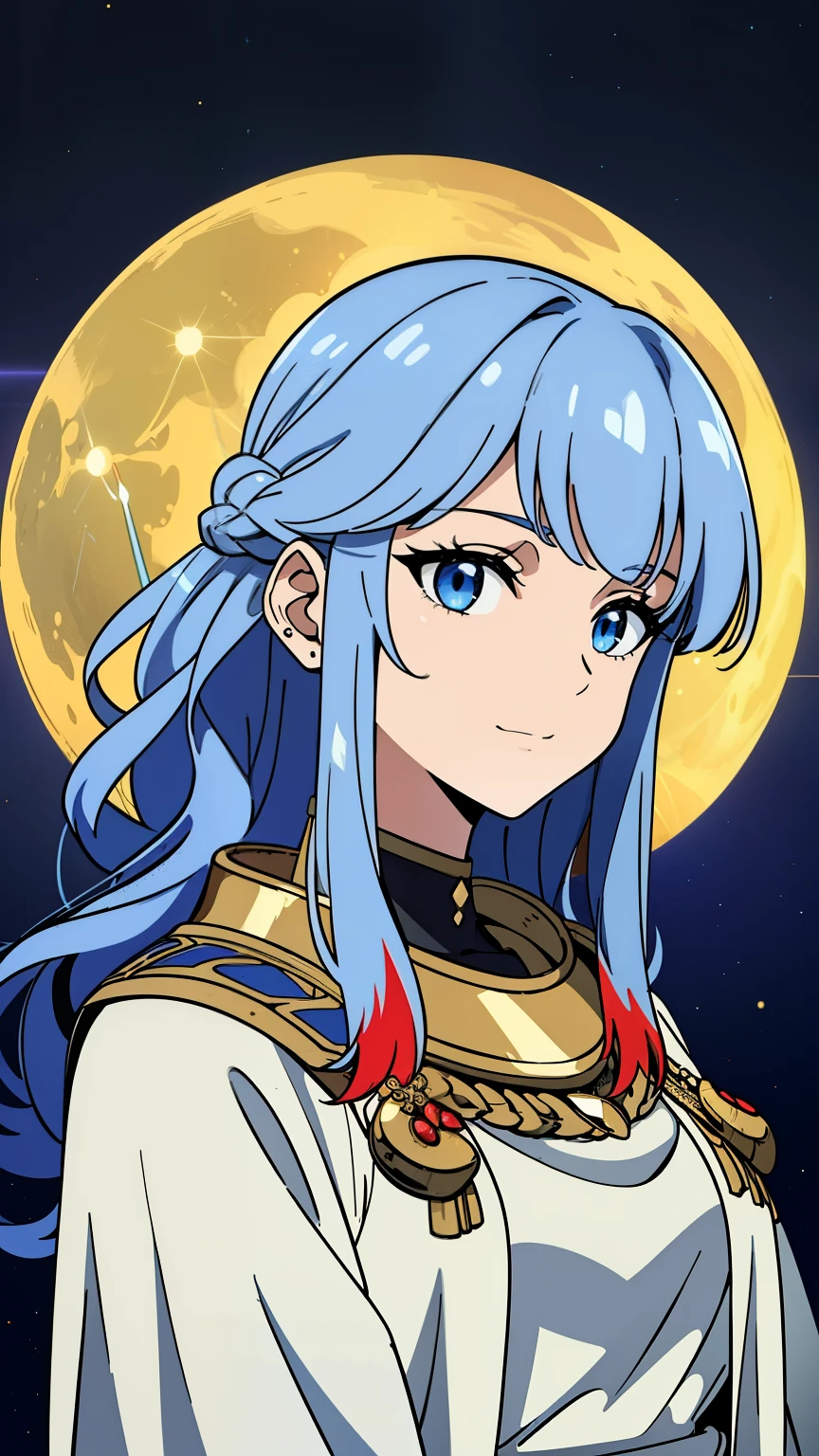 (high-quality, breathtaking),(expressive eyes, perfect face) 1girl, female, ager, solo, medium length hair, red and blue hair color, multicolored hair, white streaks in hair, blue highlights hair, glowing hair, loose hair, soft wavy hair, side bangs, piercing silver eyes, positive expression, soft smile, cloak, shirt, Moon, space background, upper body, magic, elegant, age 18, Greek Clothing, portrait, blacksmith attire, blacksmith profession, gold leaf maple accessory, beautiful hair, lightly tanned skin, God of Forge and Beasts, Artemis inspired