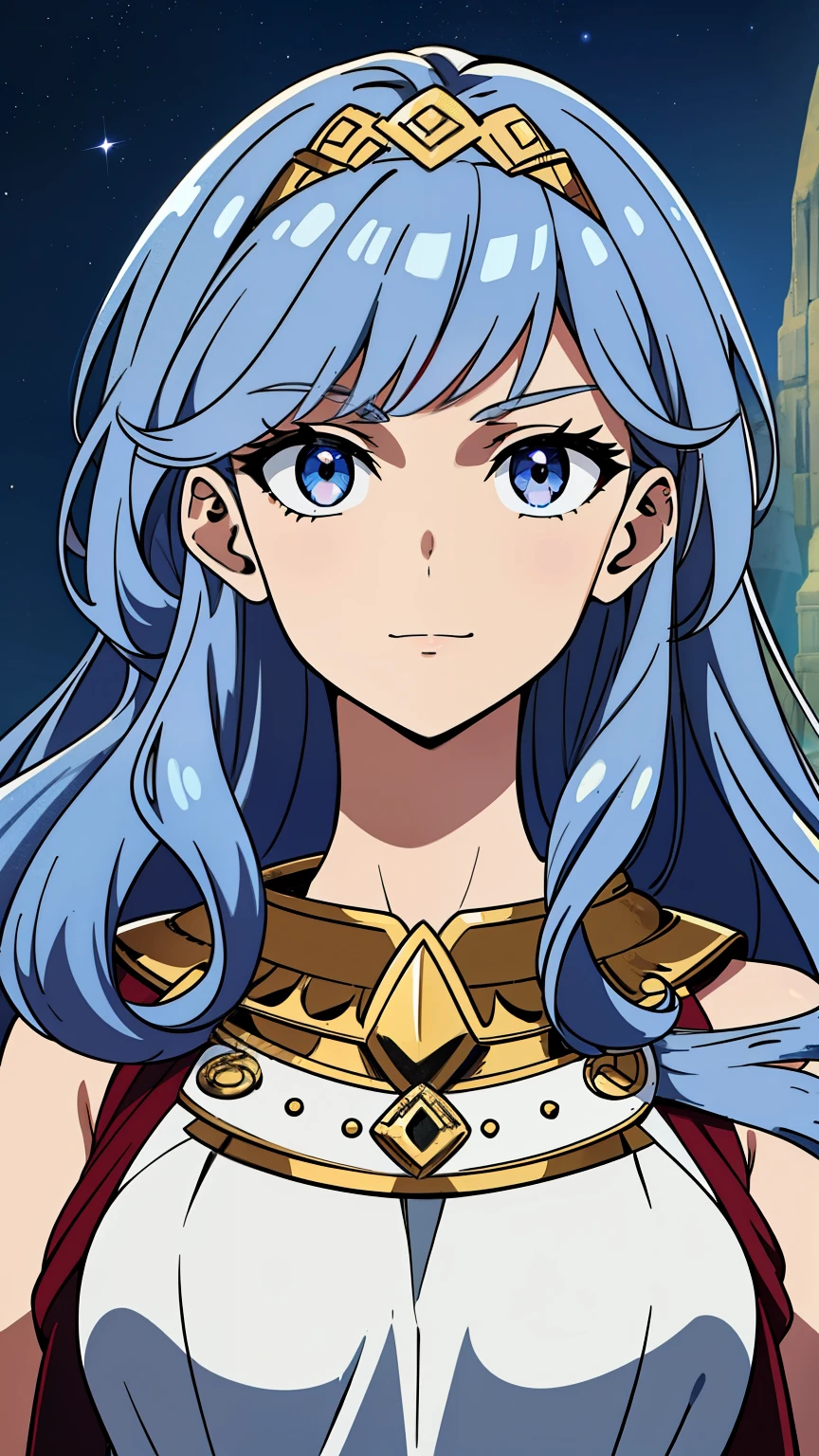 (high-quality, breathtaking),(expressive eyes, perfect face) 1girl, female, ager, solo, medium length hair, red and blue hair color, multicolored hair, white streaks in hair, blue highlights hair, glowing hair, loose hair, soft wavy hair, side bangs, piercing silver eyes, positive expression, soft smile, cloak, shirt, Moon, space background, upper body, magic, elegant, age 18, Greek Clothing, portrait, blacksmith attire, blacksmith profession, gold leaf maple accessory, beautiful hair, lightly tanned skin, God of Forge and Beasts, Artemis inspired