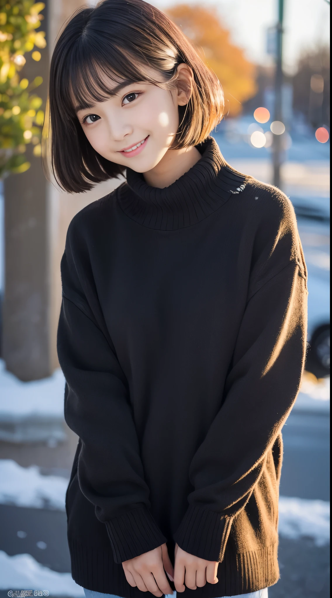 Best-quality, Masterpiece, Ultra-High-Resolution, (Photorealistic:1.4), Raw-Photo, 1girl, the most famous Japanese idol, 15-years-old, extremely cute face, extremely beautiful big-black-solid-circle-eyes, extremely beautiful black-short-cut-haired, extremely beautiful long-eyelashes, extremely beautiful lips, wearing winter-clothes with cute-design, innocent-smile