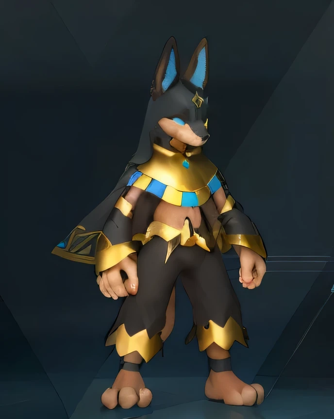 a close up of a 3D character in a costume, Anubis , portrait of Anubis , mystical anubis valkyrie, dark satin cape , black and gold shiny armor, varguyart style, faired skin, brown skin, shiny egyptian armor, metallic bronze skin, tane skin, anubis, SATIN PANTS with golden details