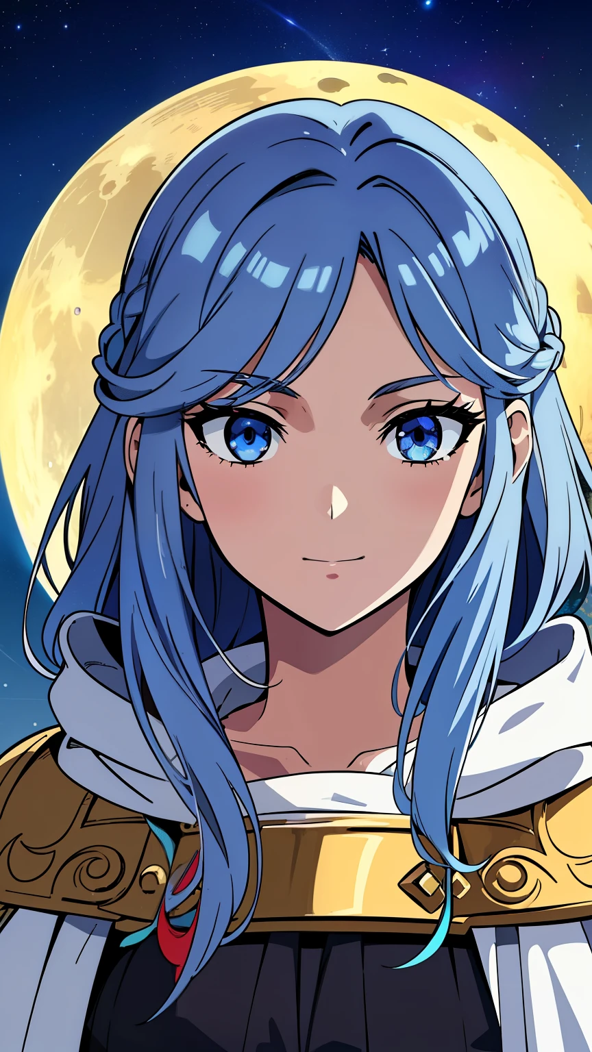 (high-quality, breathtaking),(expressive eyes, perfect face) 1girl, female, teenager, solo, medium length hair, red and blue hair color, multicolored hair, white streaks in hair, blue highlights hair, glowing hair, loose hair, soft wavy hair, side bangs, piercing silver eyes, positive expression, soft smile, cloak, shirt, Moon, space background, upper body, magic, elegant, age 18, Greek Clothing, portrait, blacksmith attire, fantasy mage clothing, adventurers clothing, blacksmith profession, gold leaf maple accessory, beautiful hair, lightly tanned skin, God of Forge and Beasts, Artemis inspired, Hunter