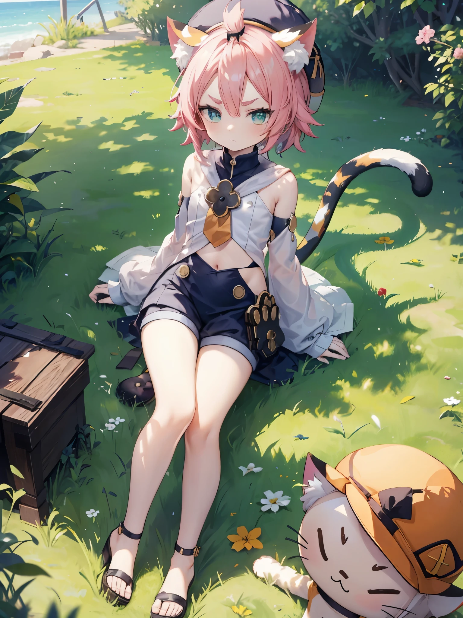 , , flat chest, bottomless, short, hat, young, chibi, thin legs, cat ears, detached sleeves, outside, tail, bright sunlight, good eyes, tsundere, grumpy, perfect body ratio, grass