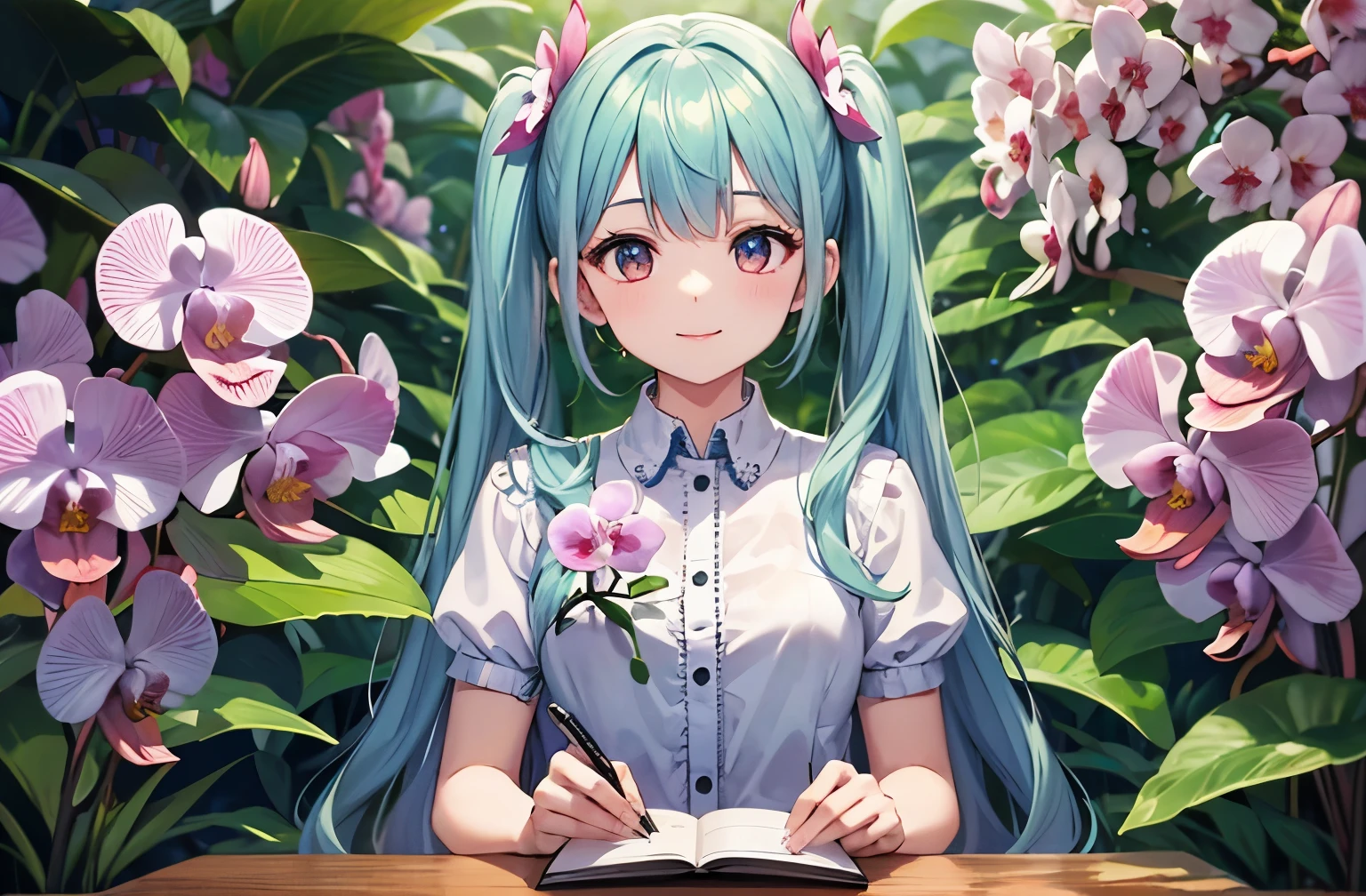 light blue long hair、Beautiful girl with twin tails、lots of orchids、Holding a pencil and writing a letter in the orchid garden、many orchid flowers、Cute squirrel、adorable smile、hyper hd,master piece,high details,high quality,best quality,High resolution,1080P,4K,8K,16k,masterpiece