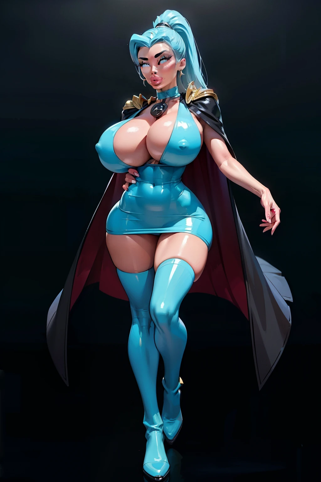 (aletta ocean face), Generate an illustration of a mature Clair, gym leader of pokemon, ponytail, holding a poke all, de terno preto, long hair, hair flows straight down, indigo hair, (gigantic breasts:1.2), blue outfit in anime format with a serious style, ((long black cape)), blue tights, blue boots, gothic make up, masterpiece, ((dark lighting)), black background, puffy lips,slendered abs, beautiful face,
