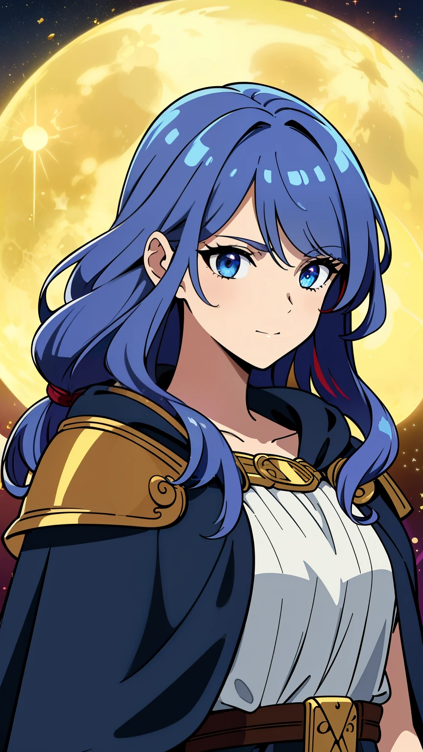(high-quality, breathtaking),(expressive eyes, perfect face) 1girl, female, ager, solo, medium length hair, red and blue hair color, multicolored hair, white streaks in hair, blue highlights hair, glowing hair, loose hair, soft wavy hair, side bangs, piercing silver eyes, positive expression, soft smile, cloak, shirt, Moon, space background, upper body, magic, elegant, age 18, Greek Clothing, portrait, blacksmith attire, fantasy mage clothing, adventurers clothing, blacksmith profession, gold leaf maple accessory, beautiful hair, lightly tanned skin, God of Forge and Beasts, Artemis inspired, Hunter, Archer Hunstman, Goddess of the Hunt