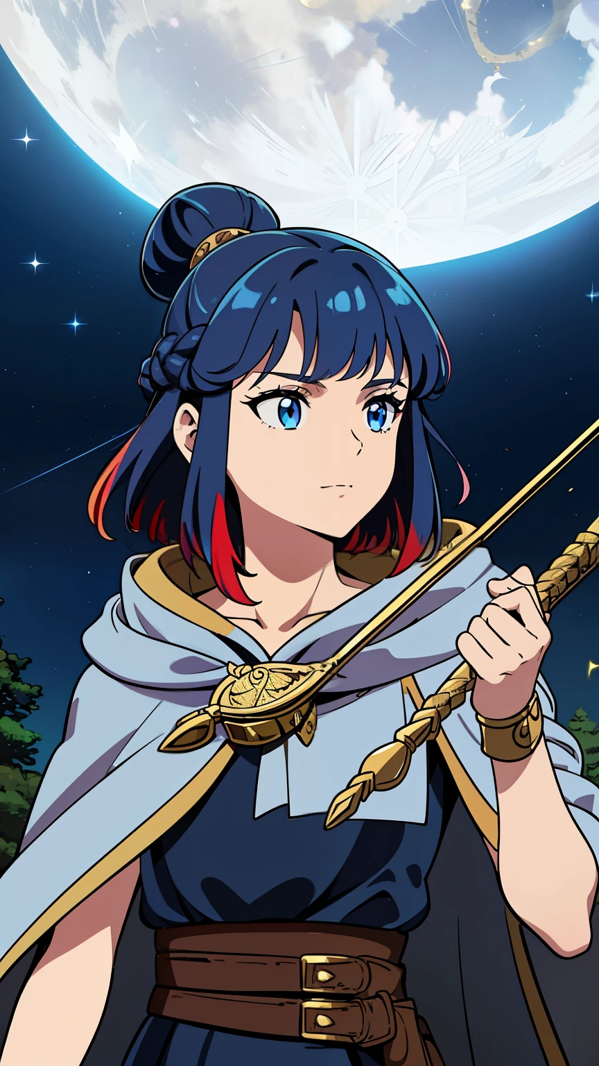 (high-quality, breathtaking),(expressive eyes, perfect face) 1girl, female, teenager, solo, short length hair, red and blue hair color, multicolored hair, white streaks in hair, blue highlights hair, glowing hair, soft wavy hair, side bangs, piercing silver eyes, positive expression, soft smile, cloak, shirt, Moon, space background, upper body, magic, elegant, age 18, Greek Clothing, portrait, blacksmith attire, fantasy mage clothing, adventurers clothing, blacksmith profession, gold leaf maple accessory, beautiful hair, lightly tanned skin, God of Forge and Beasts, Artemis inspired, Hunter, Archer Hunstman, Goddess of the Hunt, Braid Bun hairstyle