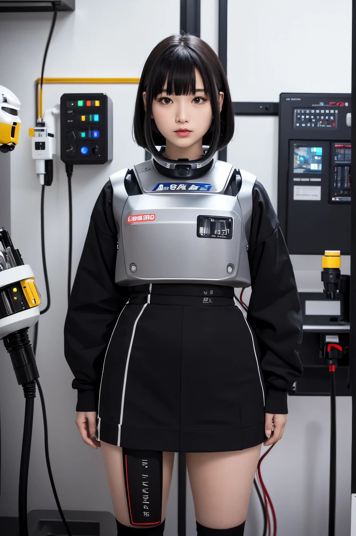 (photorealistic:1.4), (RAW photo)masutepiece, Best Quality, Extremely detailed, (Photorealistic:1.4), (8K, 4K, Best Quality, hight resolution, 超A high resolution:1.1), 8K portrait,Japaese android girl,teenager,18 years old,highschool student,control panels,android,Droid,Mechanical Hand, ,Robot arms and legs, Black hair,Mechanical body,Blunt bangs,perfect teenager robot,Japanese highschool uniform