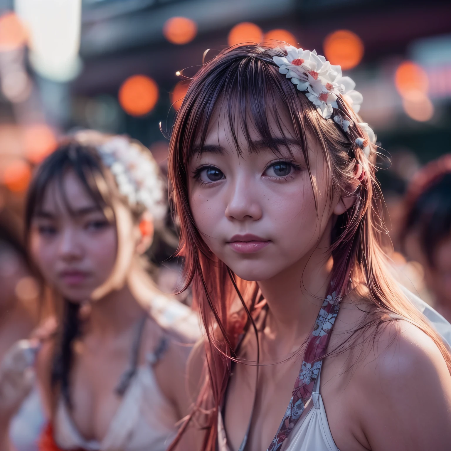 ((NSFW:-1.5)), (((nipple:-0.99))), ((bokeH, Acutance:0.85, ultra-detailed:1.35)), (((from below))) . The background is the downtown area at (Twilight:1.4), (((Red-dyed clouds above hed:1.3))), { The Sky takes up more than third of the composition | (many colorful Lights:1.2) | lens flare | Burning | Haze | (luminous Particles) | Mystic sight | menses | Underystemic } . (Masterpiece:1.2) of professional Analog photo with Hasselblad, (((realistic and photorealistic with touch of rawness:1.37))) . ((( A group photo of KAWAII girls in WHITE Fundoshi, at Hakata Gion Ymakasa Festival ))) . Assfocus with looking ahead .