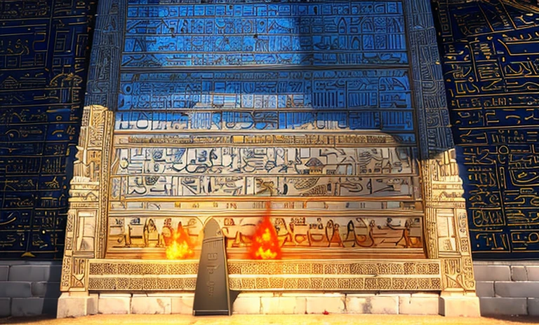 Flames are burning in front of a wall with Egyptian writing, Fire is made of binary code, hieroglyphs, hieroglyphs on wall, escrita antiga, hieroglyphs, hidden hieroglyph, sacred flame spell, hieroglyphic signs, etched inscriptions, fundo do fogo do inferno, queimando fundo do campo de batalha, Uma cidade antiga em chamas